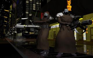 A screenshot from a 1996 game Syndicate Wars… or from dark Helsinki. Who can tell? In the picture, two heavily armed men in long coats are standing on a street, at front of neon-lighted signs. 