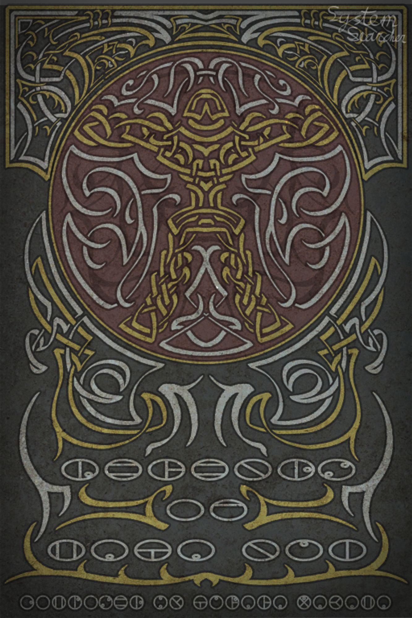 A "book cover" imprinted on what appears to be a slab of stone, an abstract image of Mata Nui spread across in front of a circular shape, knotwork designs going all around him, with "Legends of Mata Nui" being written underneath him in Matoric.