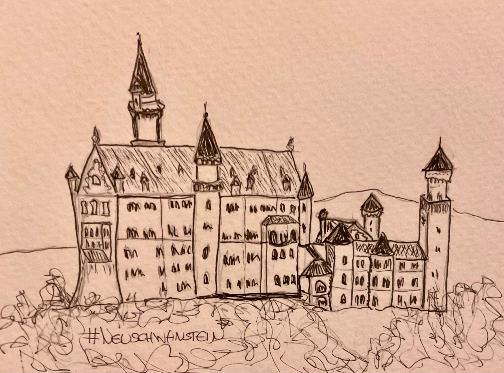 A black and white sketch of Neuschwanstein Castle featuring its distinctive towers and architectural details, surrounded by a simple landscape. The artwork includes the hashtag #Neuschwanstein at the bottom.