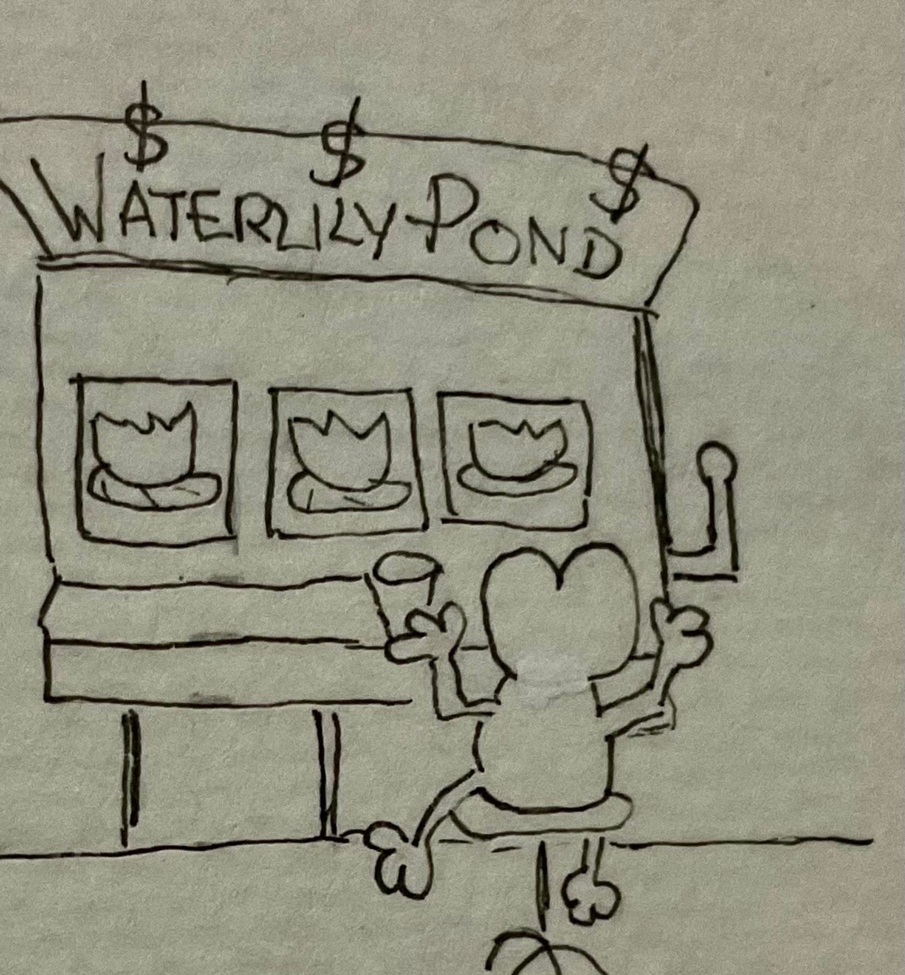 A cartoon frog sits in front of a slot machine labeled "WATERLILY POND," featuring three images of lotus flowers. The frog sitz on a stool, is holding a drink and appears excited.