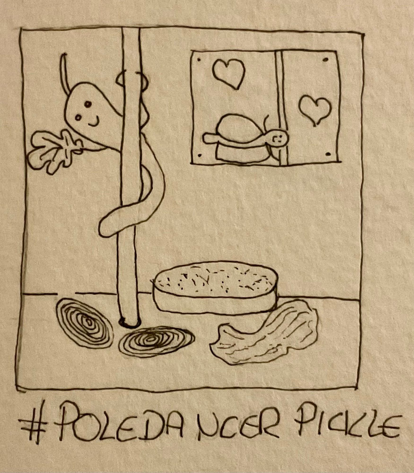 A playful cartoon depicts a smiling pickle dancing on a pole, waving with a fig leaf. In the background, there is a drawing of the pickle in a hamburger bun, the pole and some hearts. Below the pickle, there are onion rings, the bottom of a bun, and a piece of bacon, with the caption "#POLEDANCER PICKLE