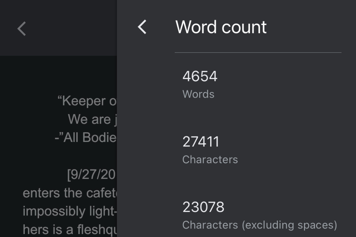 episode 1 word count
—4654 words
—27411 characters (23078 w/o spaces)
—like 10 pages iirc? too lazy to drag out the hard copy rn

behind that you can make out half of the epitaph (it's the chorus from "All Bodies" by Between the Buried and Me, go listen to the song if you want the full text) as well as the date that the pilot is set on (9/27/2012) and a bit of Brianna's intro description...that last word is "fleshquake" in case you wanna know what my descriptive writing was like back in high school lmao