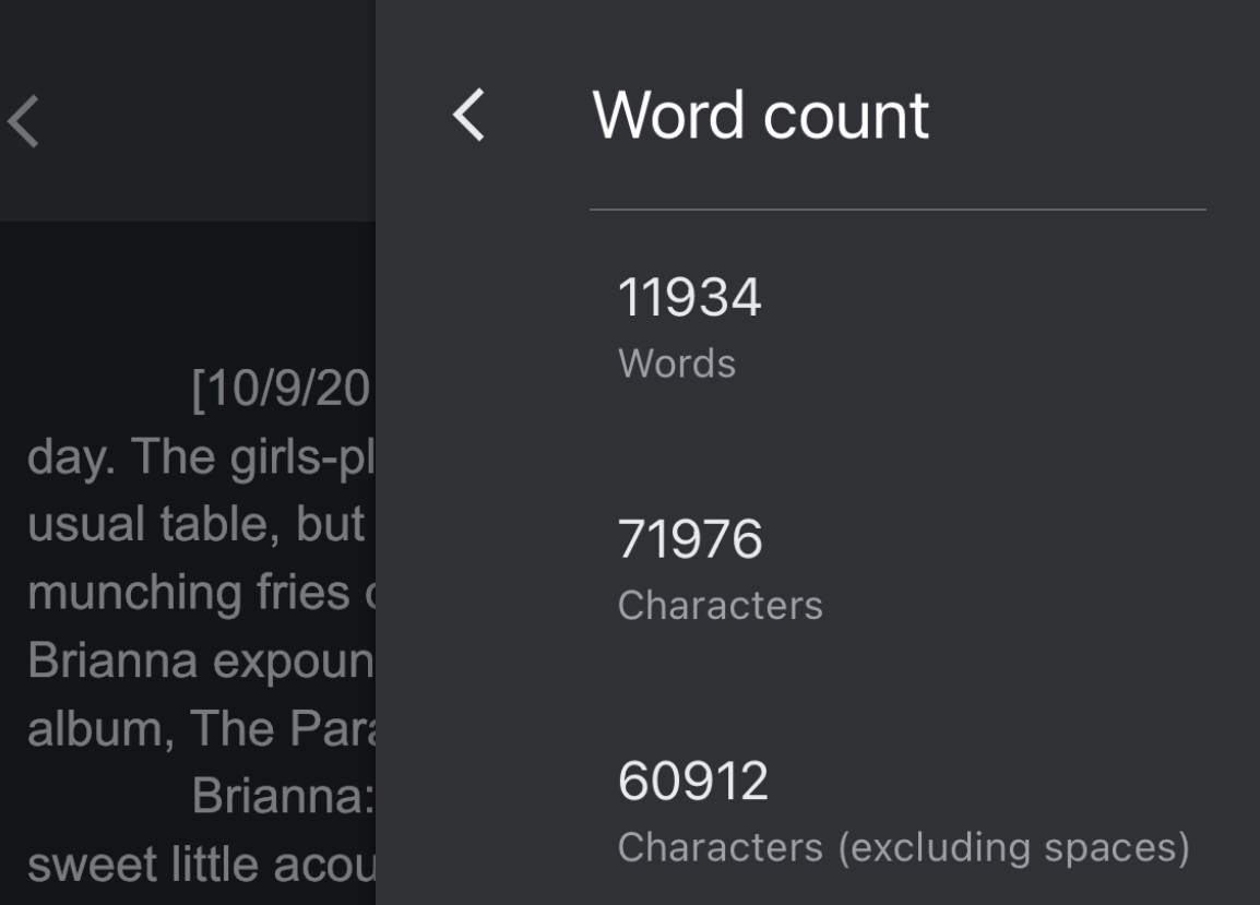 episode 10 word count
—11934 words
—71976 characters (60912 w/o spaces)
—like 25-28 pages iirc

behind it you can just barely make out the episode beginning in the middle of Brianna's breathlessly infodump about the Parallax Saga & its final chapter (it's been out for 8 hours at this point, it's 73 minutes long & she's already listened to it six & a half times & counting)