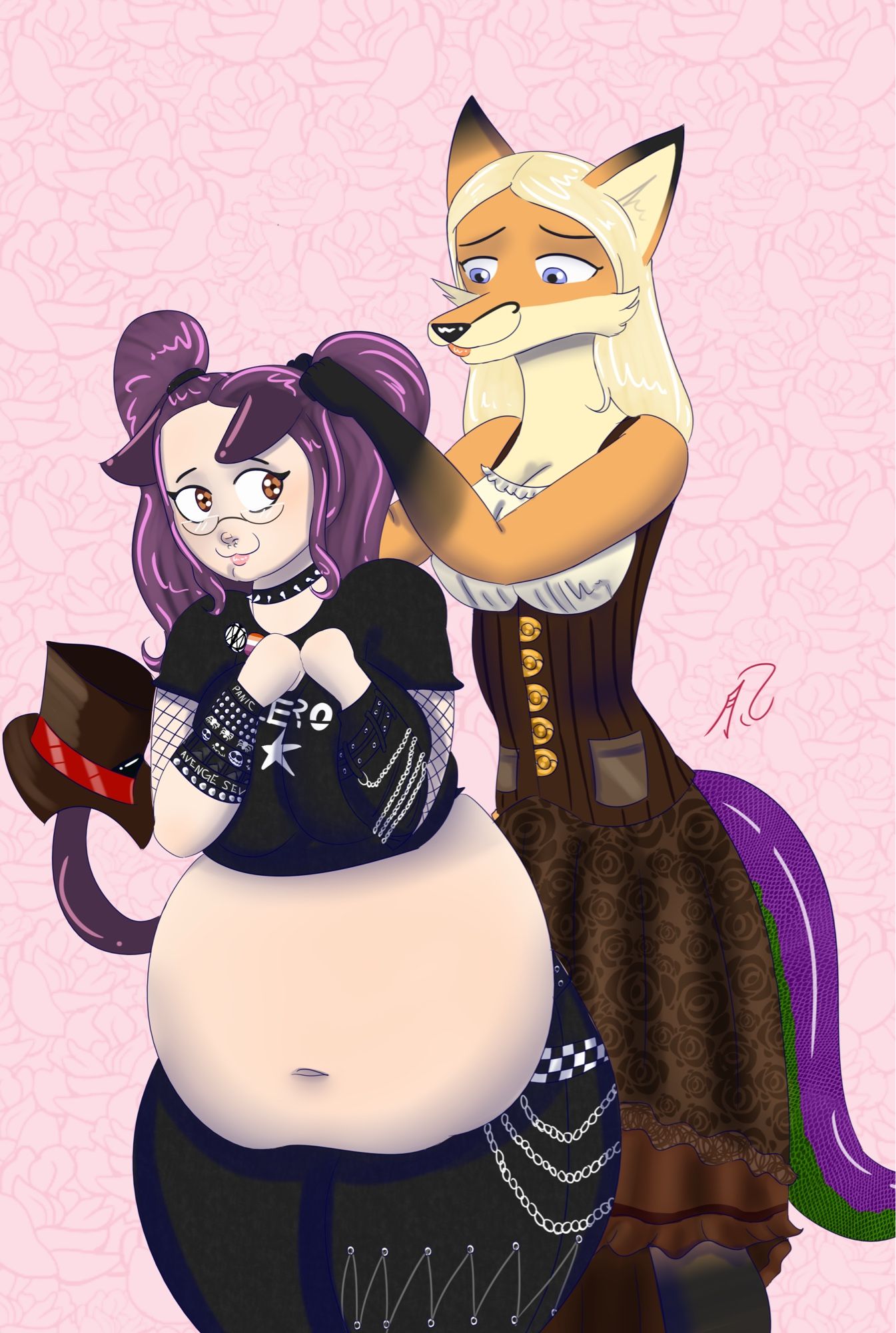 Allie the fat emo neko is having her hair put up in twintails by her mommy's steampunk fursona Urza (fox w/ dragon tail); just to the left, one can see Urza's top hat surreptitiously hung on the tip of Allie's tail

art by Angeltsuki