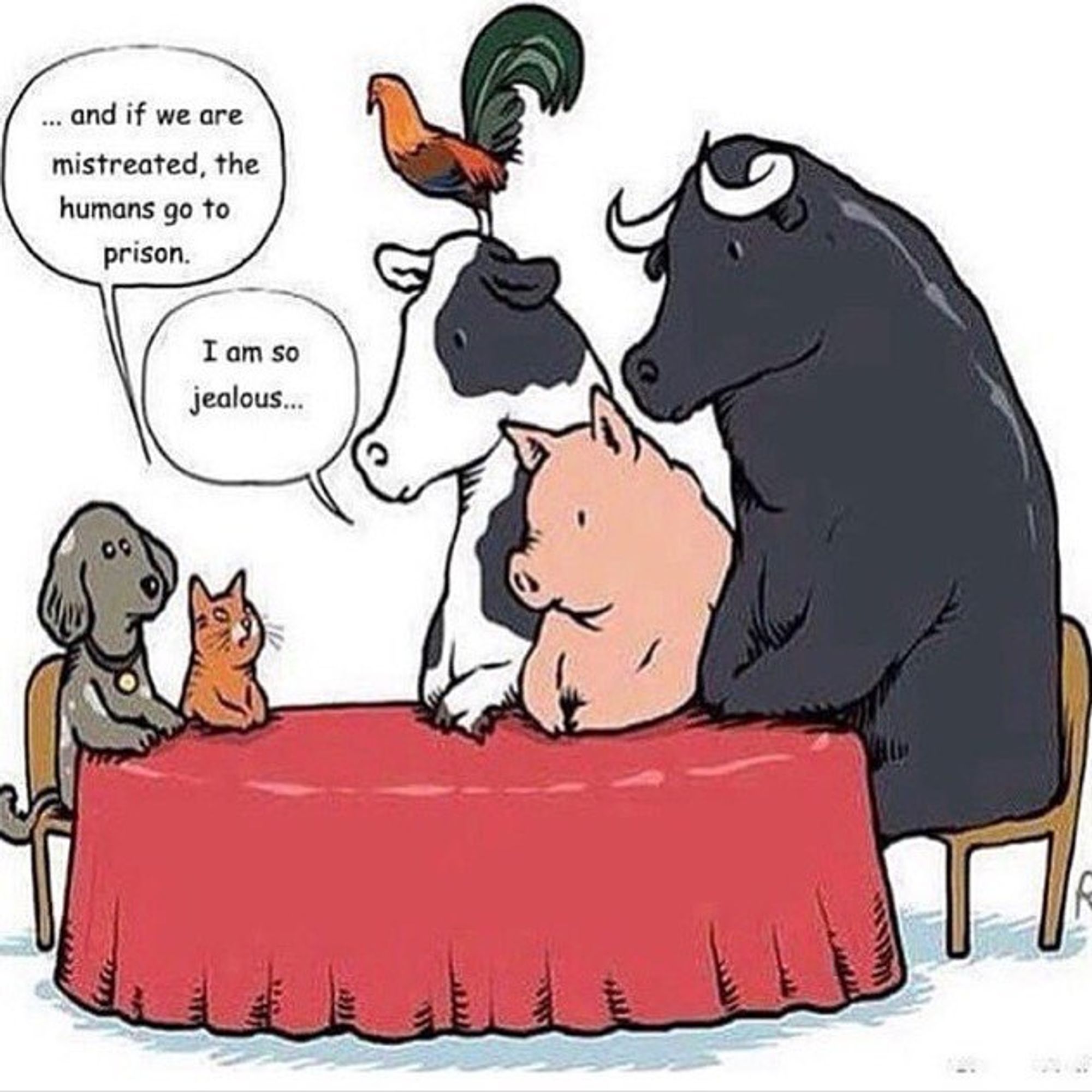 This image is a cartoon showing a group of animals sitting around a table. The group includes a dog, a cat, a cow, a pig, a rooster, and a bull. The dog says, **"...and if we are mistreated, the humans go to prison."** The cow, sitting next to the dog, responds with, **"I am so jealous..."** 

The cartoon highlights the disparity between how society treats companion animals, like dogs and cats, compared to farmed animals, like cows, pigs, and chickens, who often do not receive the same legal protections or humane treatment.