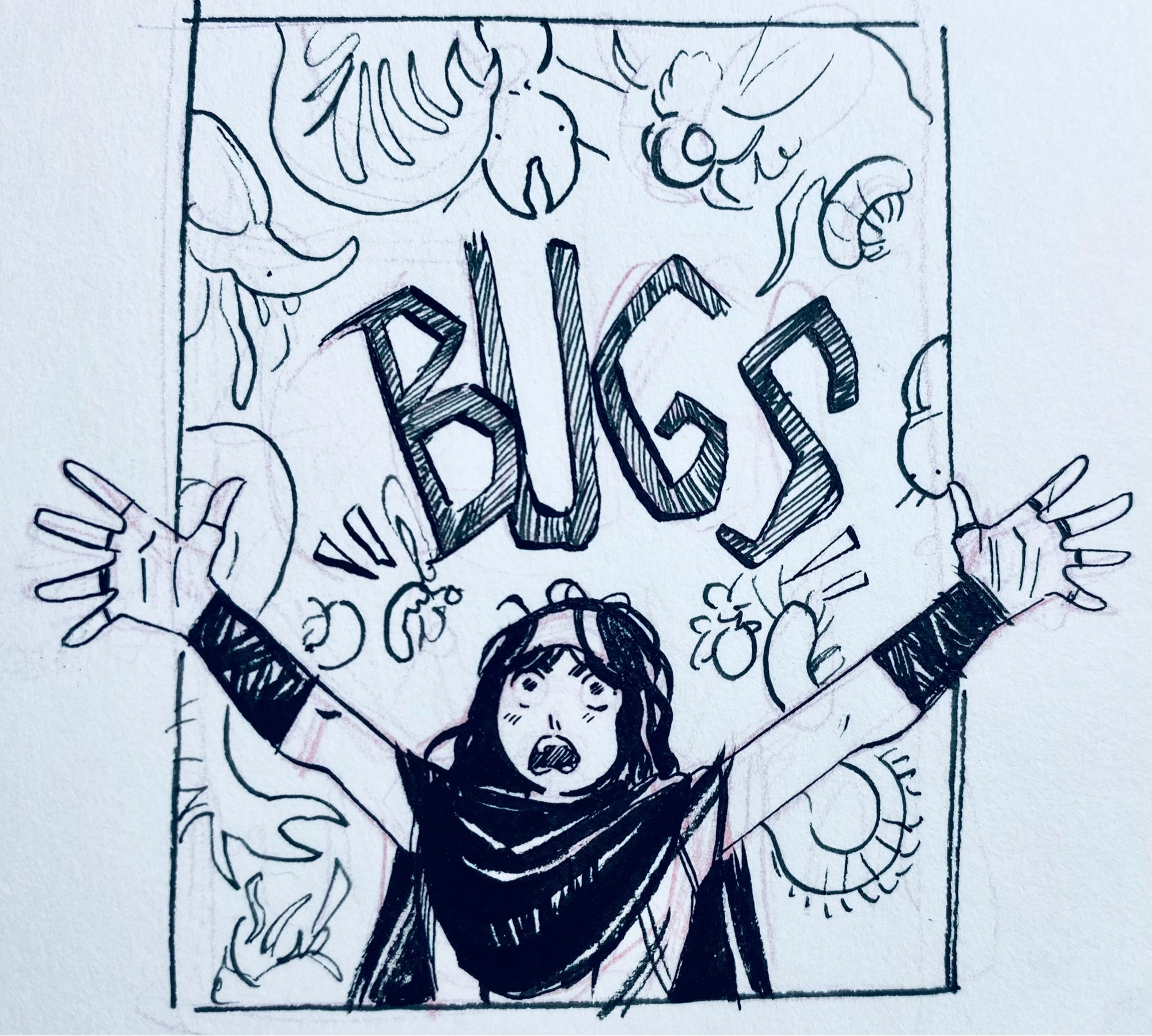 Small ink of Dima looking mad and yelling BUGS and many bugs decend around her