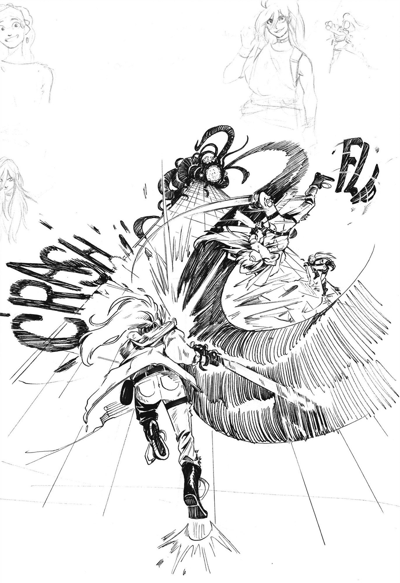 Ink of a character running up a building to attack a tentacle monster