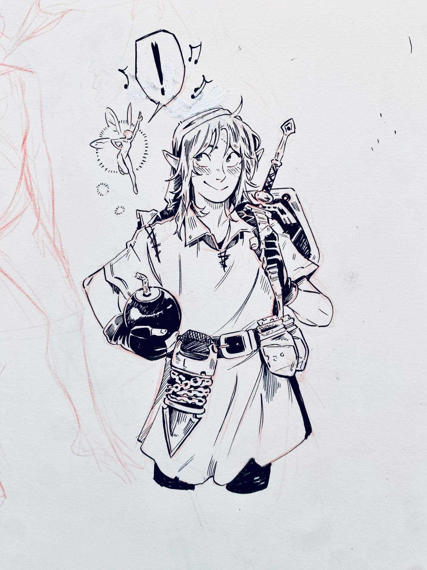 Ink of Link from Legend of Zelda carrying a bunch of stuff with Navi floating by their shoulder