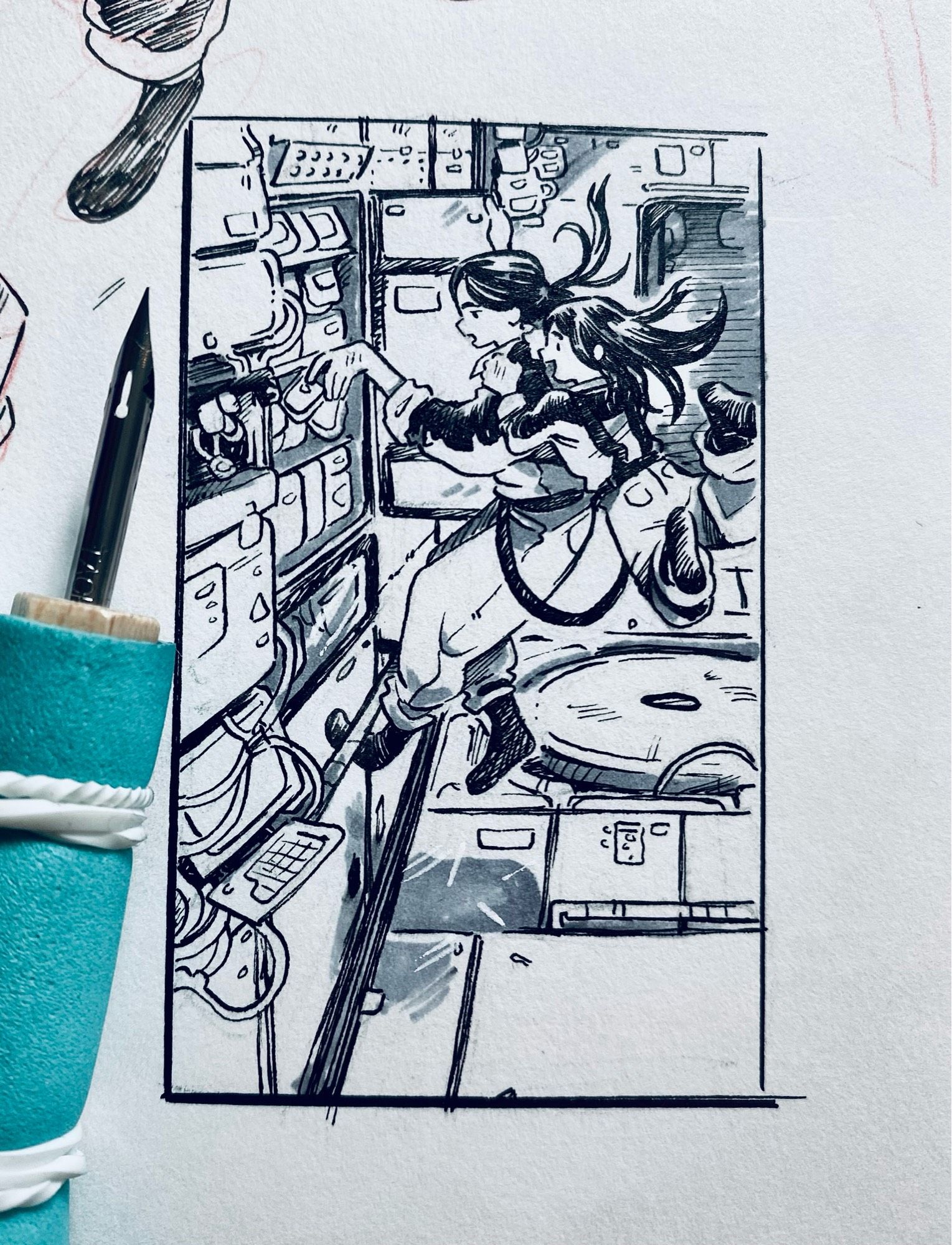 A tiny ink of two young girls floating in zero gravity in a space ship. The younger one is clinging to the others back while the older one grabs two pouches of food from a container on the wall