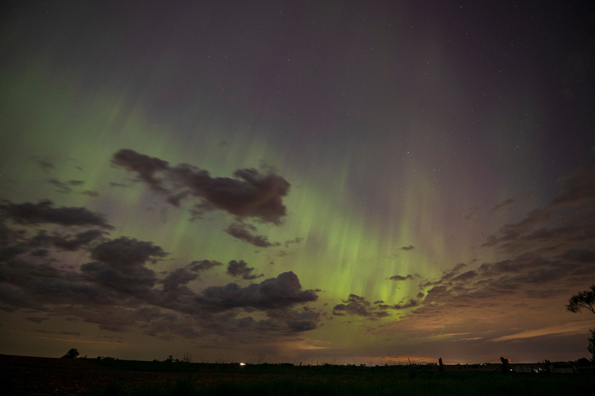 Scattered puffy clouds across the bottom half of the frame barely cover fingers of bright green aurora tilted just so to the right as they extend upwards