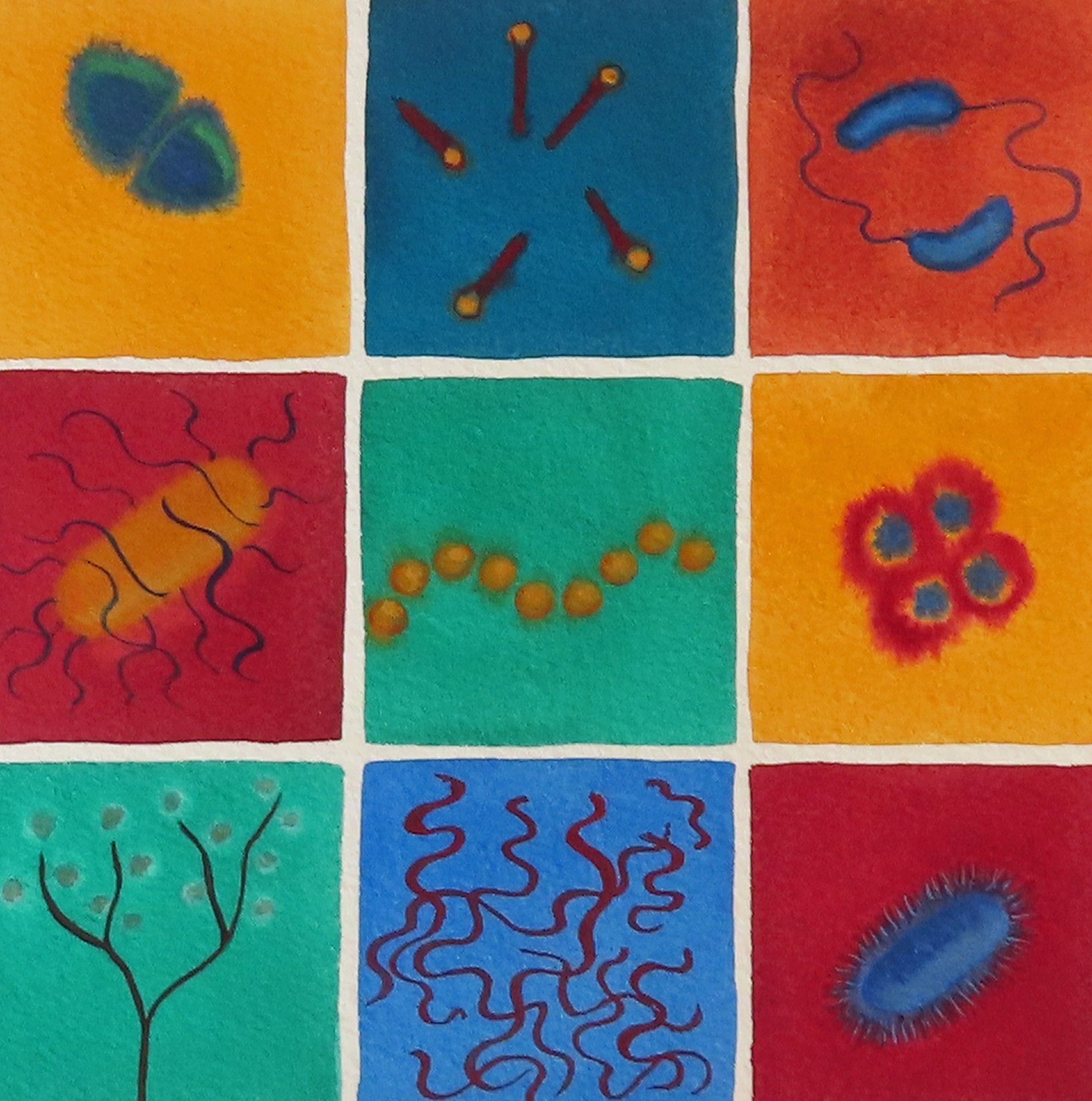 watercolor grid of microbes in deep colors