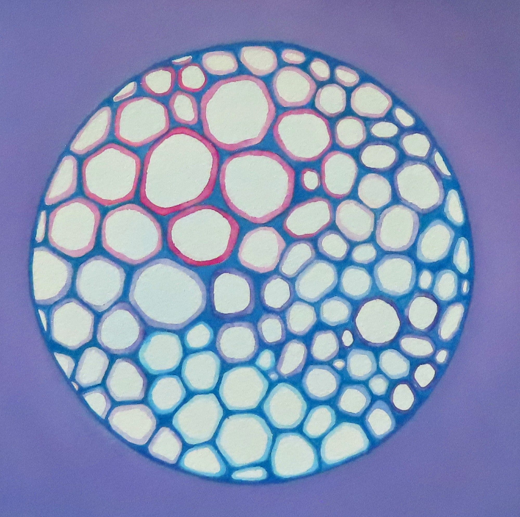 Round blue and purple watercolor painting based on plant vessels 