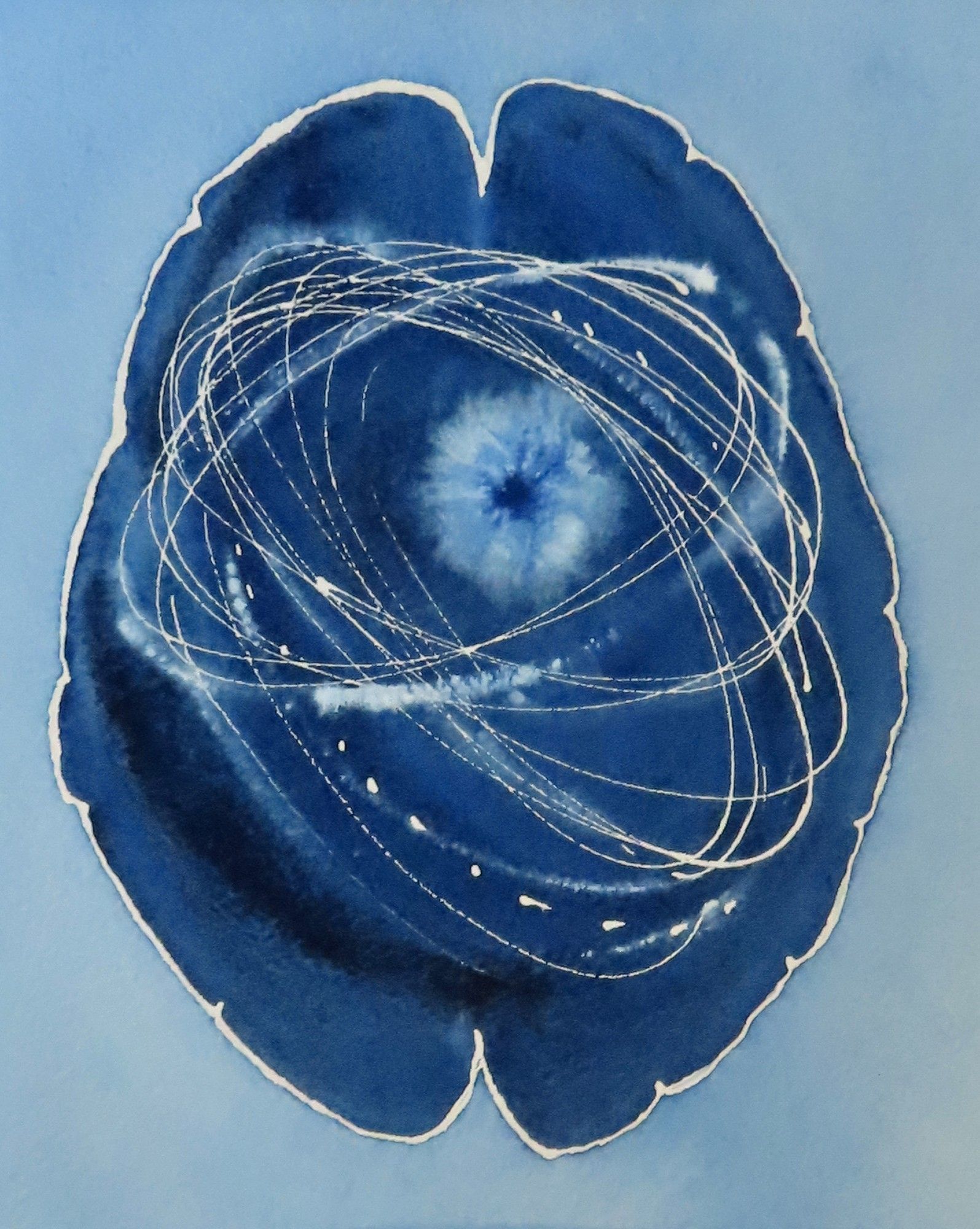 blue watercolor brain with outer-space images