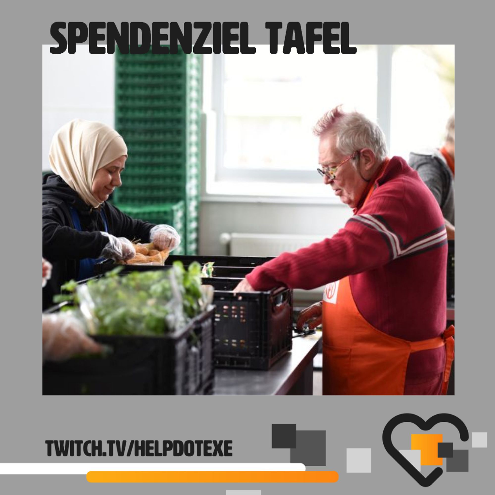 Spendenziel Tafel - ein Foto von einem Herren, der einer Dame Lebensmittel aus einem Korb überreicht. 
twitch.tv/helpdotexe