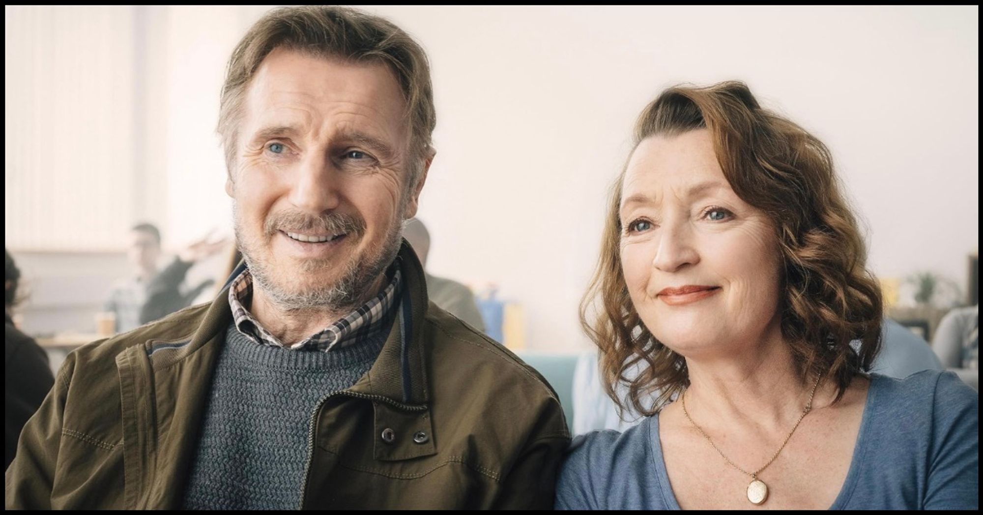 Liam Neeson and Lesley Manville look really happy as a long-married couple in 2019's *Ordinary Love*