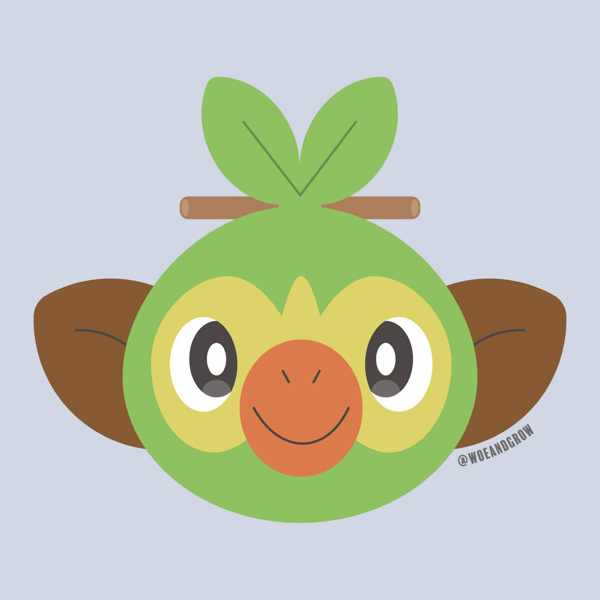 Vector artwork of Grookey's face with a soft gray background