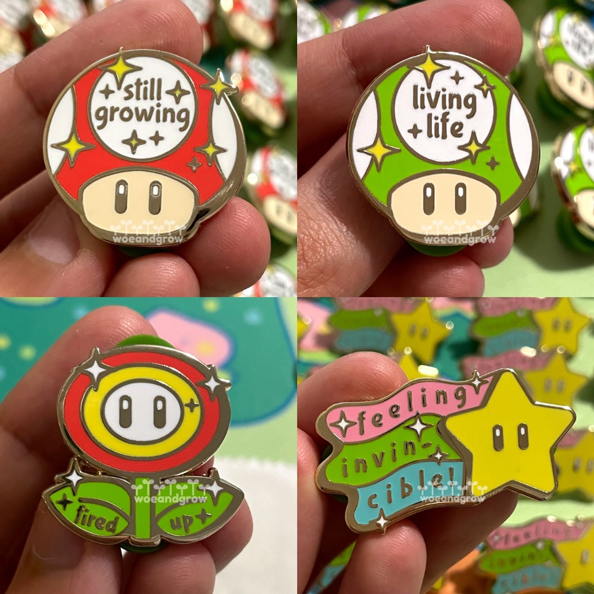 Four photos together of my positivity power-up enamel pin collection