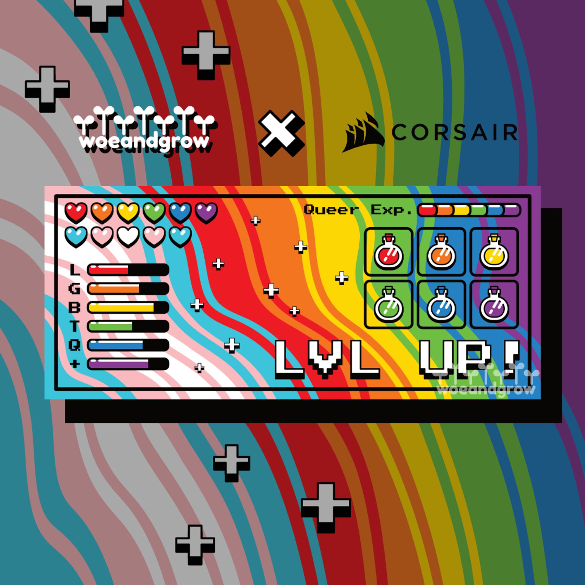 Graphic mockup of a mousepad design for a Corsair Pride Month collab. In the center is the mousepad design, "Queer Exp." inspired by GUI including a level up screen and inventory screen.