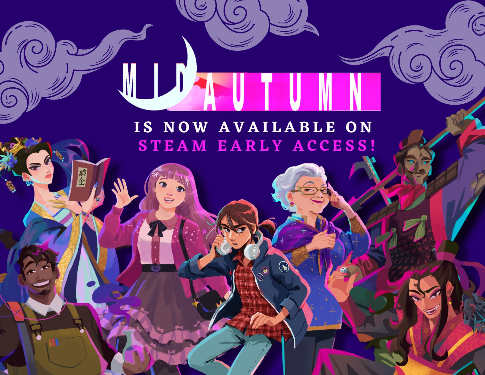 Graphic with for the indie roguelike Midautumn. At the top is the Midautumn logo followed by "is now available on Steam Early Access!" and a group of character portraits from the game.