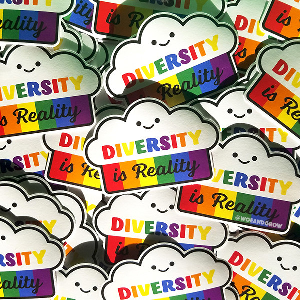 Photo of a pile of my Diversity is Reality stickers