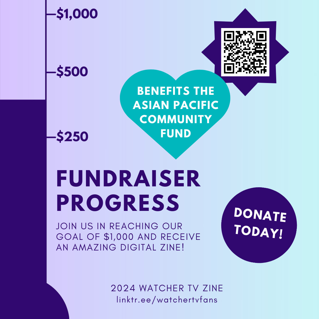 Pale purple to cyan gradient background. Purple thermometer progress bar. Text reads: Fundraiser Progress. Join us in reaching our goal of $1,000 and receive an amazing digital zine! Benefits the Asian Pacific Community Fund. Donate today! 