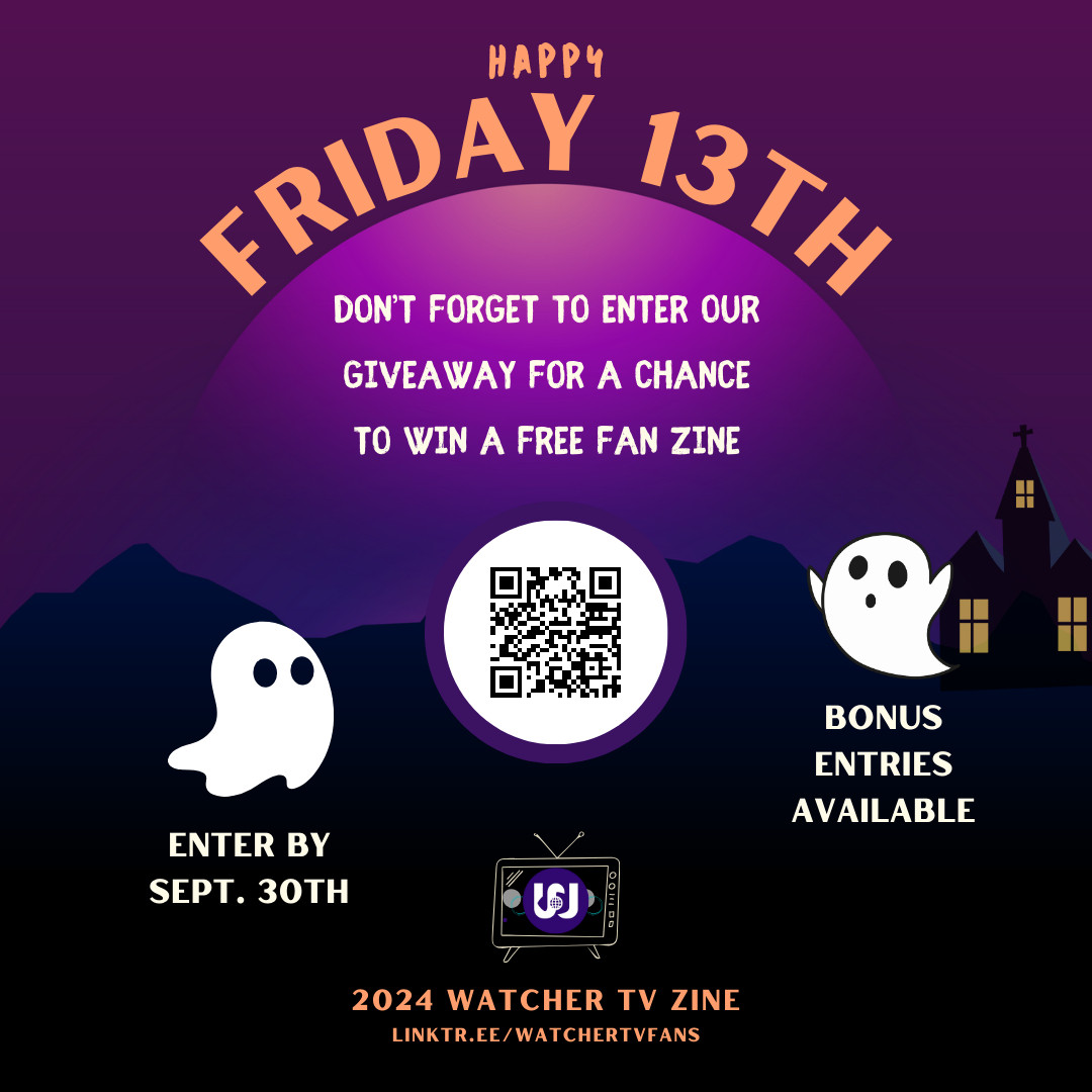 Text reads: Happy Friday 13th. Don't forget to enter our giveaway for a chance to win a free fan zine. Enter by Sept. 30th. Bonus entries available.

Ghost clip art and QR code on the screen in front of a dark purple and black gradient background.