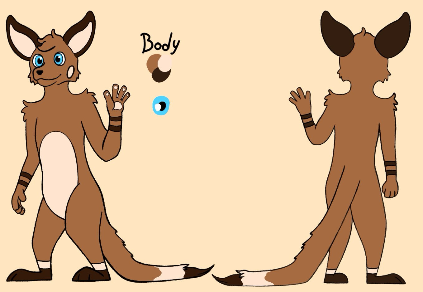 A reference sheet of a brown wallaby named Pufeek. Most of his body is covered in light brown fur. He has large ears, the outsides of which are dark brown, the insides the color of cream. He has bright blue eyes. The cheeks include a cream circle, similar to blushing. The belly is also cream, as well as the beans on his paws. On each of his wrists, two dark brown stripes can be spotted.
The feet contain a cream stripe and the bottom of them are dark brown again. The same pattern appears at the tip of his tail.