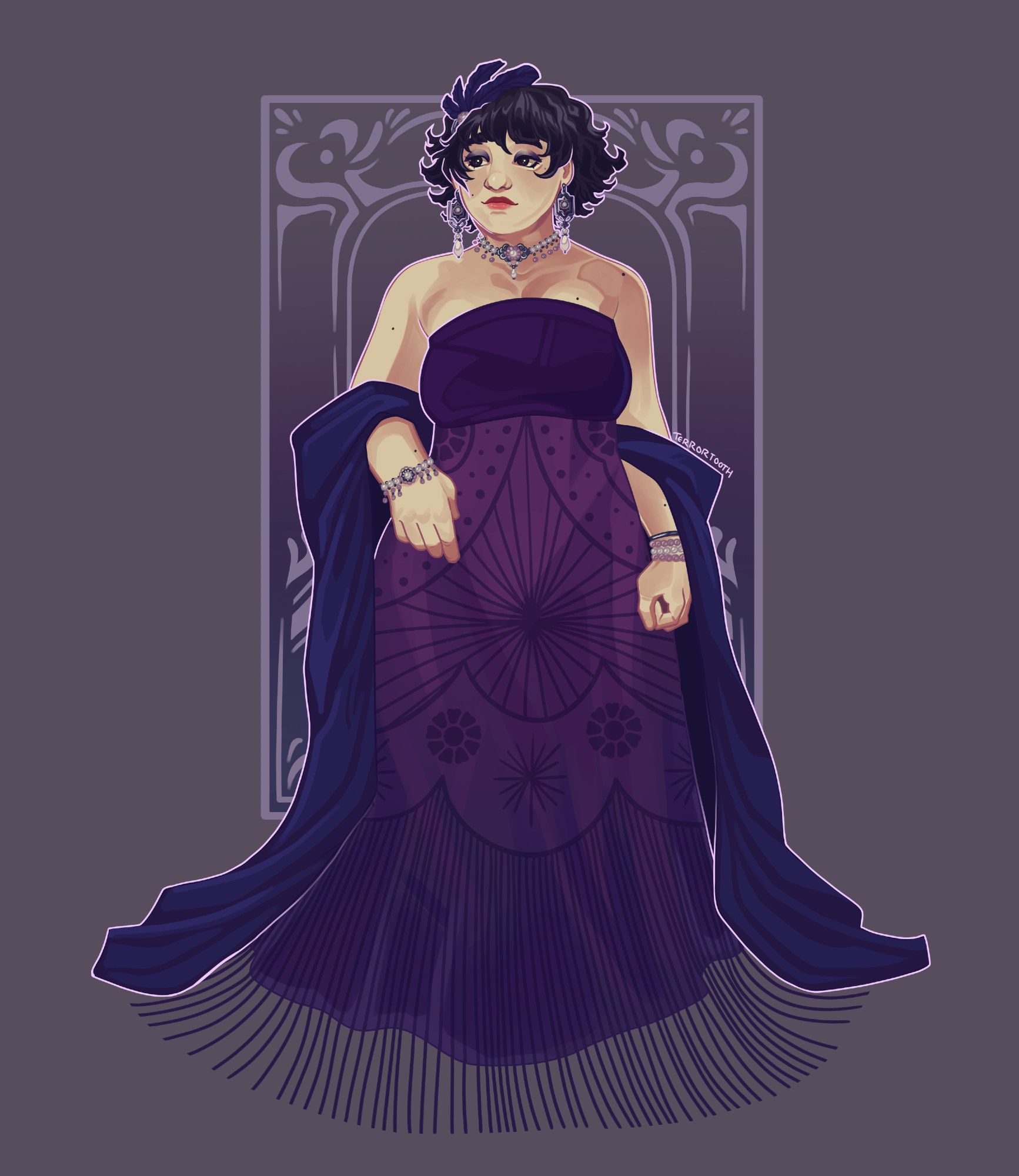 An illustration of an original character wearing an elegant dress.