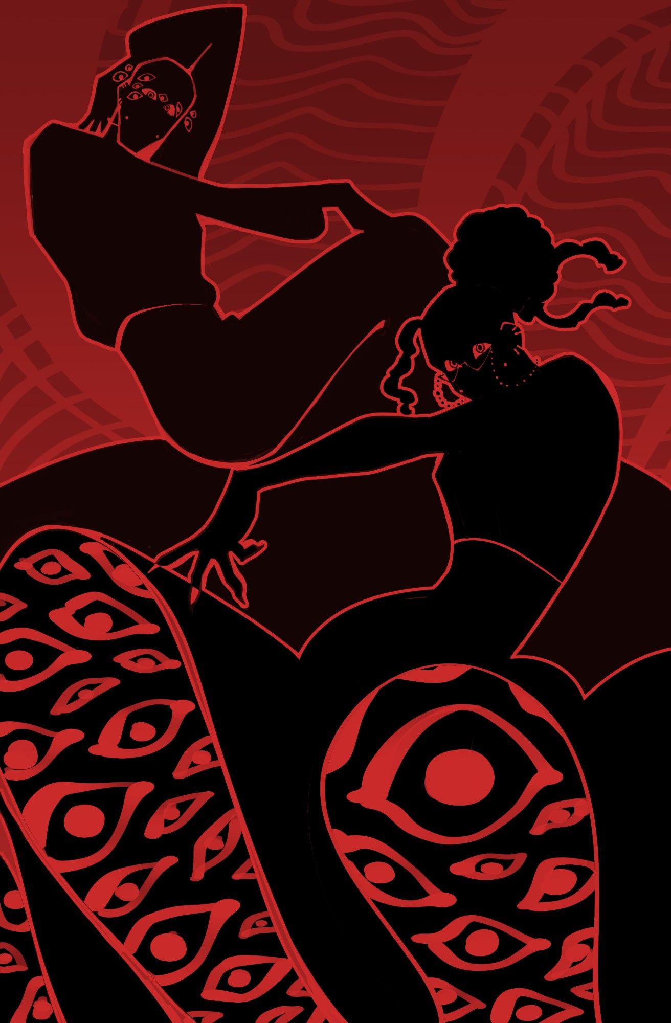 Two eccentrically posed silhouettes on a red background; the further-back figure bears a crown of eyes around his head, and the further-forward bears a petticoat of eyes billowing up beneath his skirt.