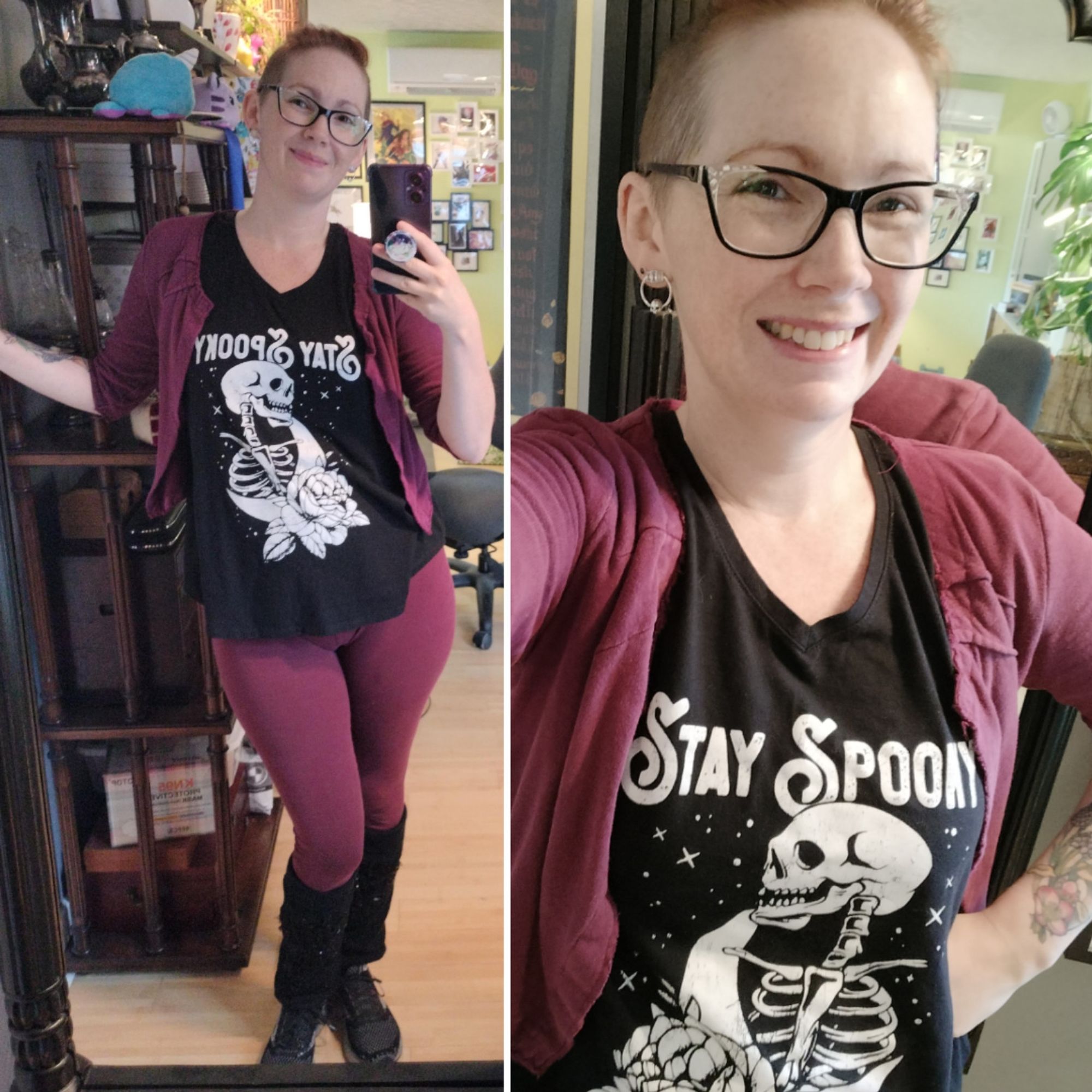 A selfie collage of a pale white woman with red hair smiling at the camera. She wears a black shirt printed in white with the words "Stay Spooky" above a skeleton, crescent moon, and rose, along with a burgundy cardigan, burgundy leggings, and black legwarmers.