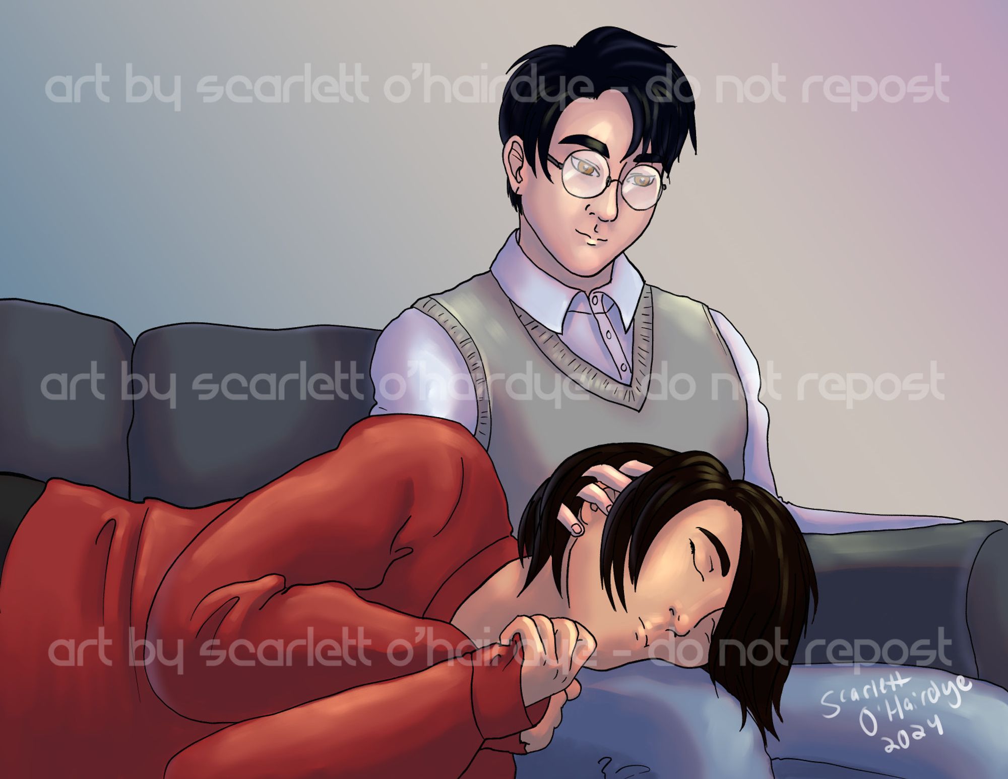 A digital paining of two Chinese men on a couch. Lan Zhan is sitting upright, wears glasses, and is dressed in blue and gray. He has his hand combing through Wei Ying's hair, who is dressed in red and back and is curled up, asleep, with his head on Lan Zhan's lap.