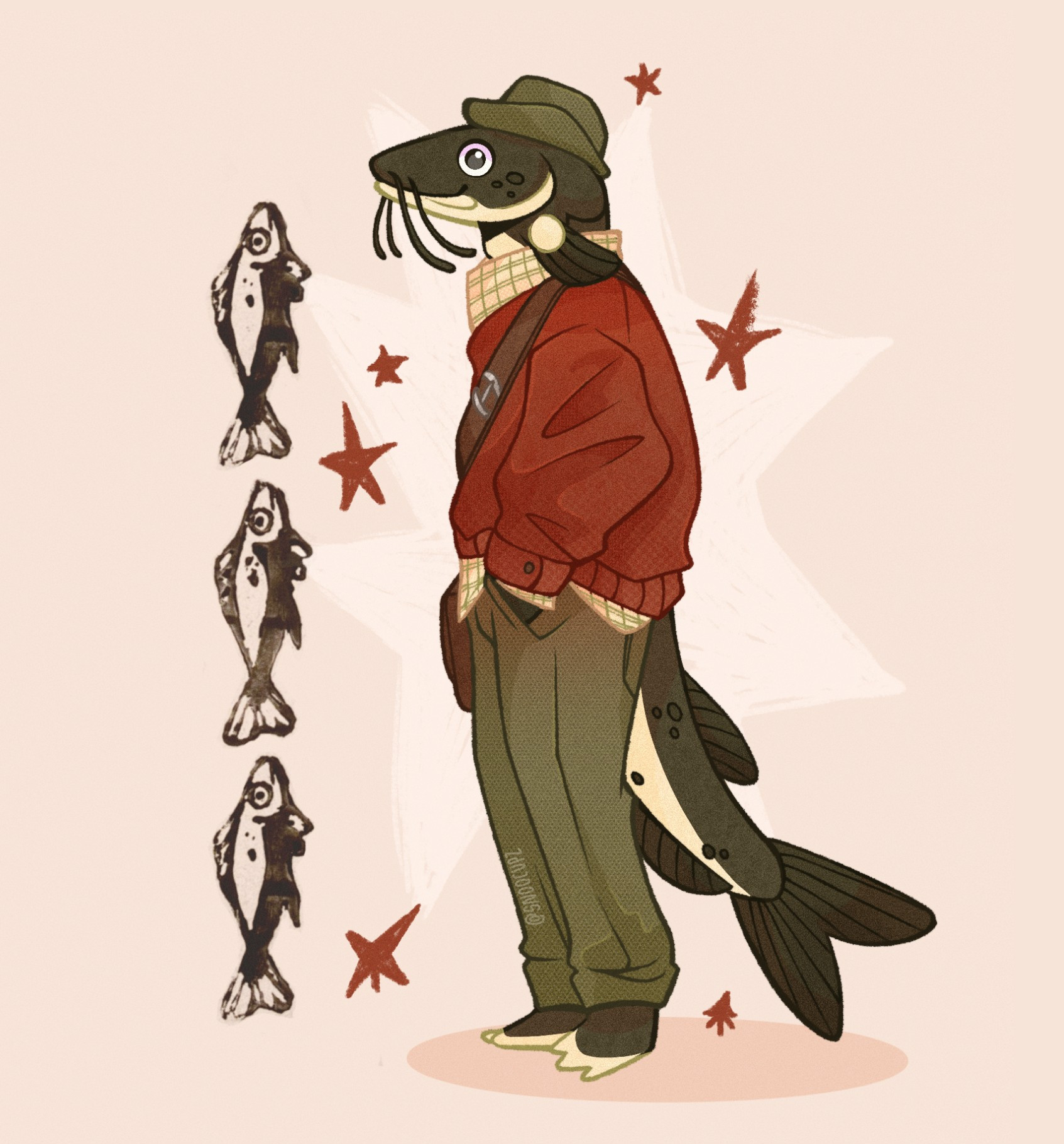 My fish OC Kir. He is a tall catfish wearing a red sweater, a patterned undershirt, green trousers and a matching hat.