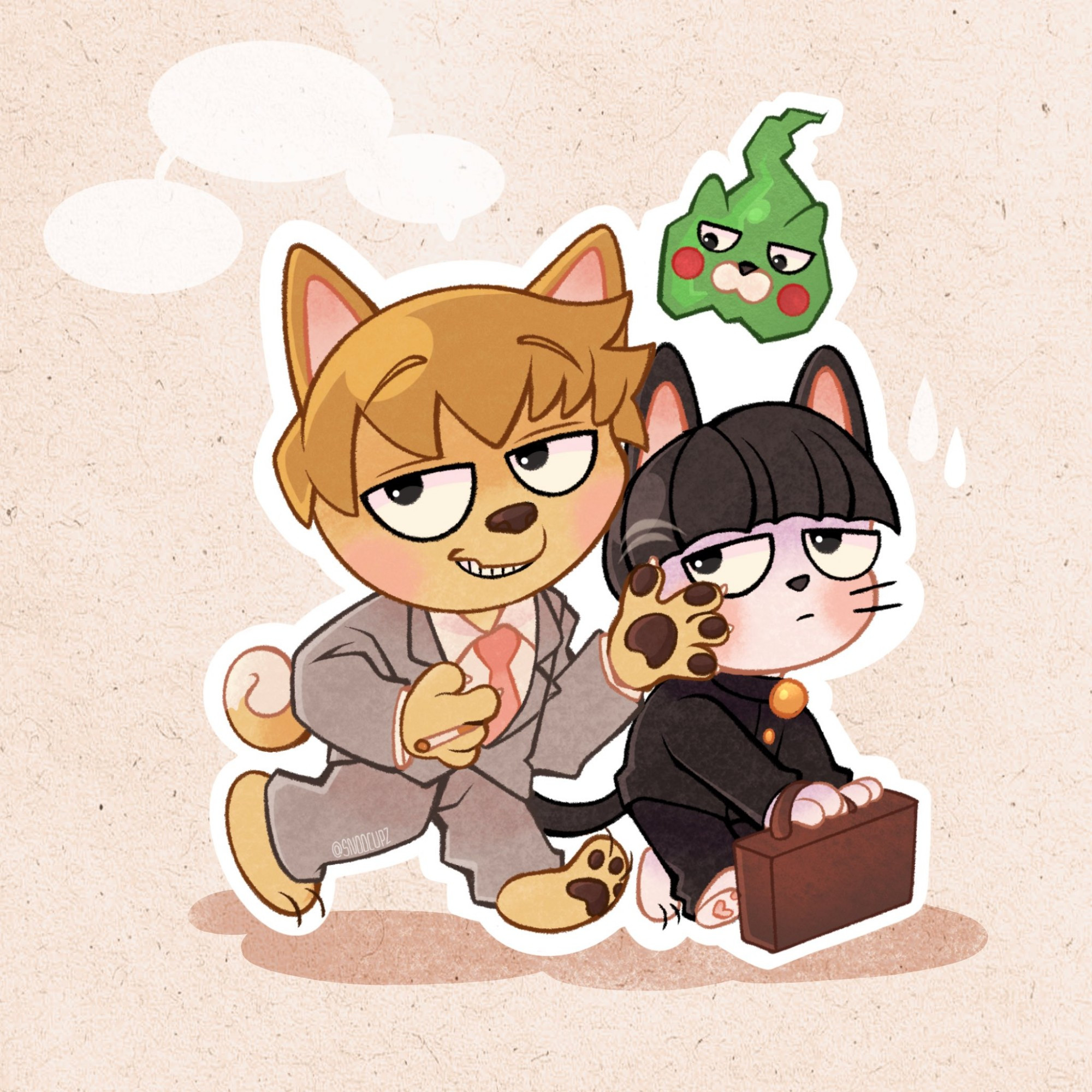 Reigen and Mob from Mob Psycho 100 as little animals - Reigen is a Shiba Inu and Mob a cat.