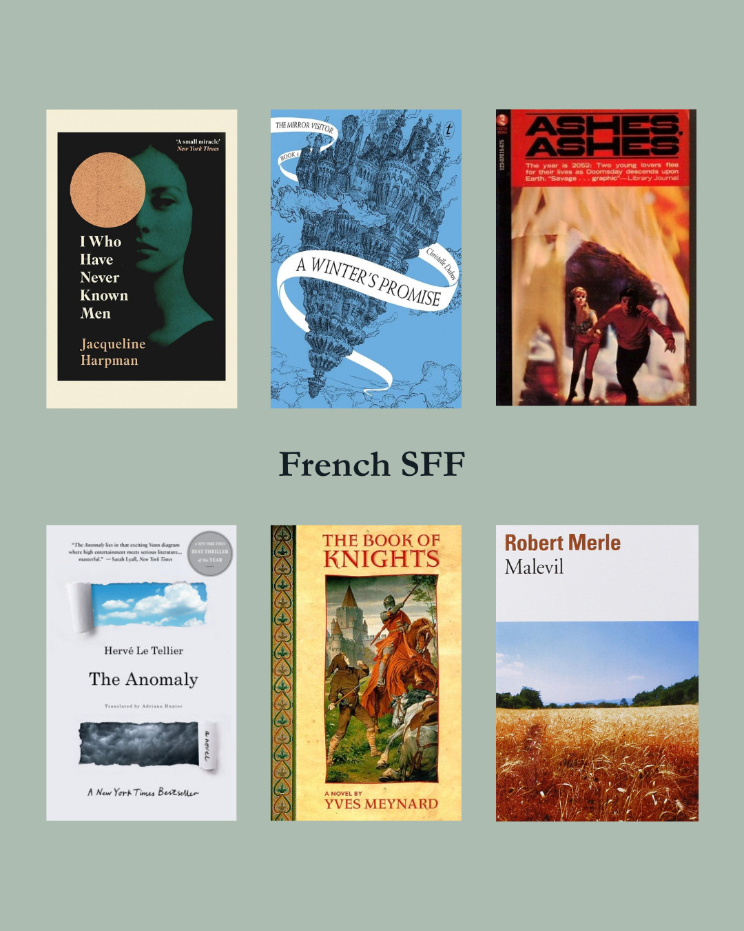 Six books on a seafoam green background. Text in the middle reads “French SFF”. The books are I Who Have Never Known Men by Jacqueline Harpman; A Winter’s Promise by Christelle Dabos; Ashes Ashes by Rene Barjavel; The Anomaly by Harvé Le Tellier; The Book of Knights by Yves Meynard; and Malevil by Robert Merle