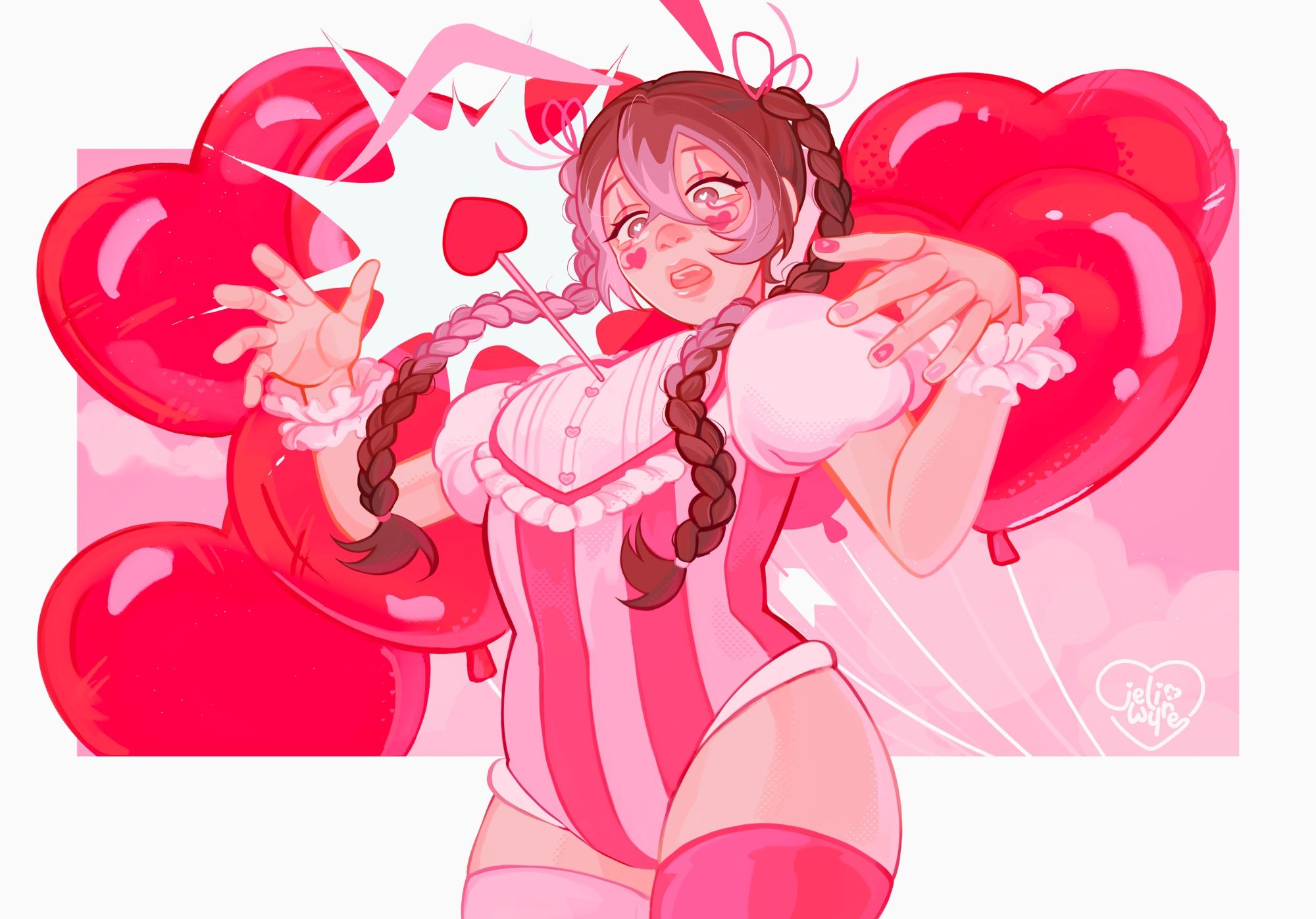 Original clown character with hair in two braids being shot through the chest by Cupid’s arrow with heart shaped balloons in the background for Valentine’s day