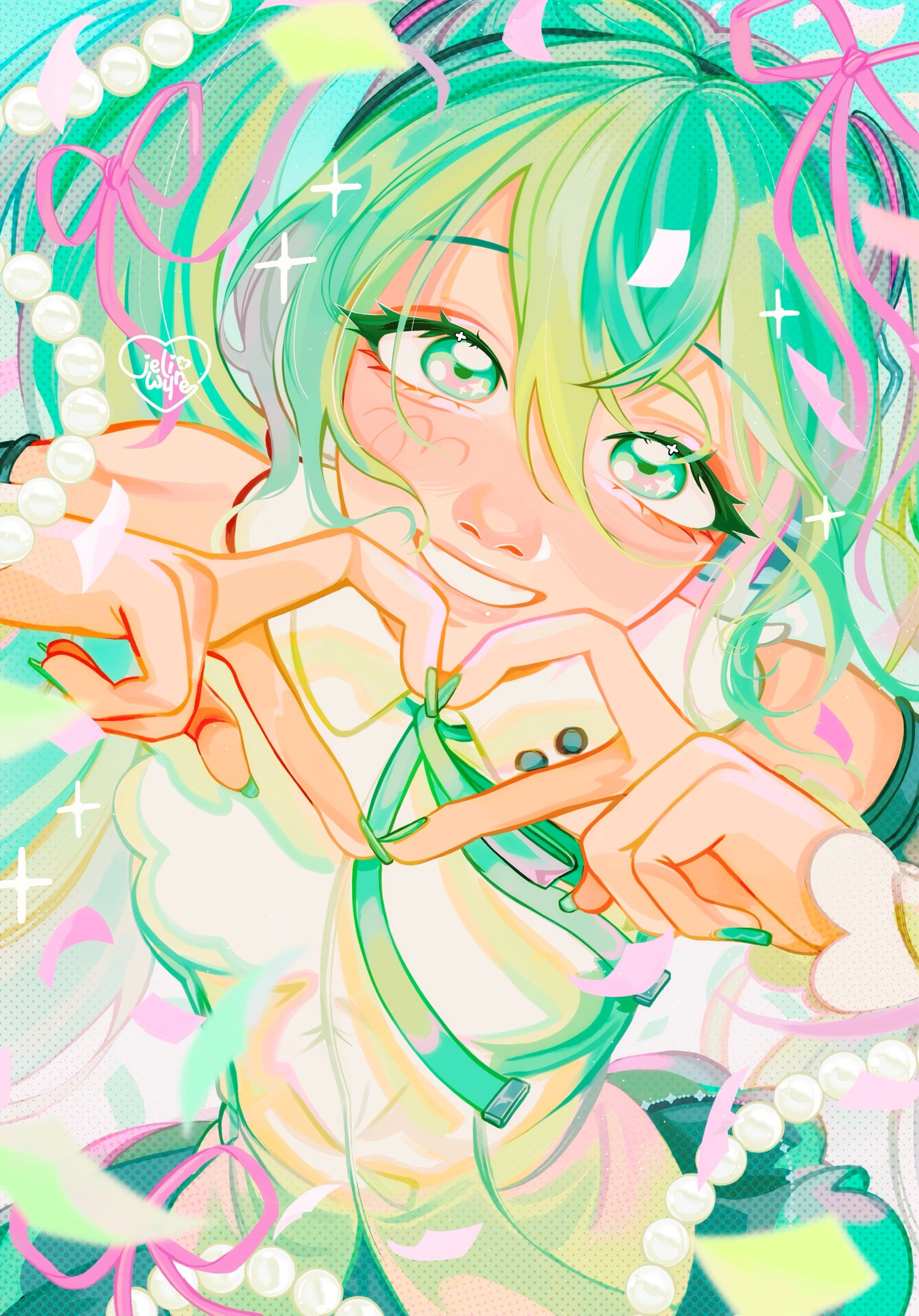 A portrait of Hatsune Miku’s NT design, making a heart hand symbol and smiling surrounded by confetti