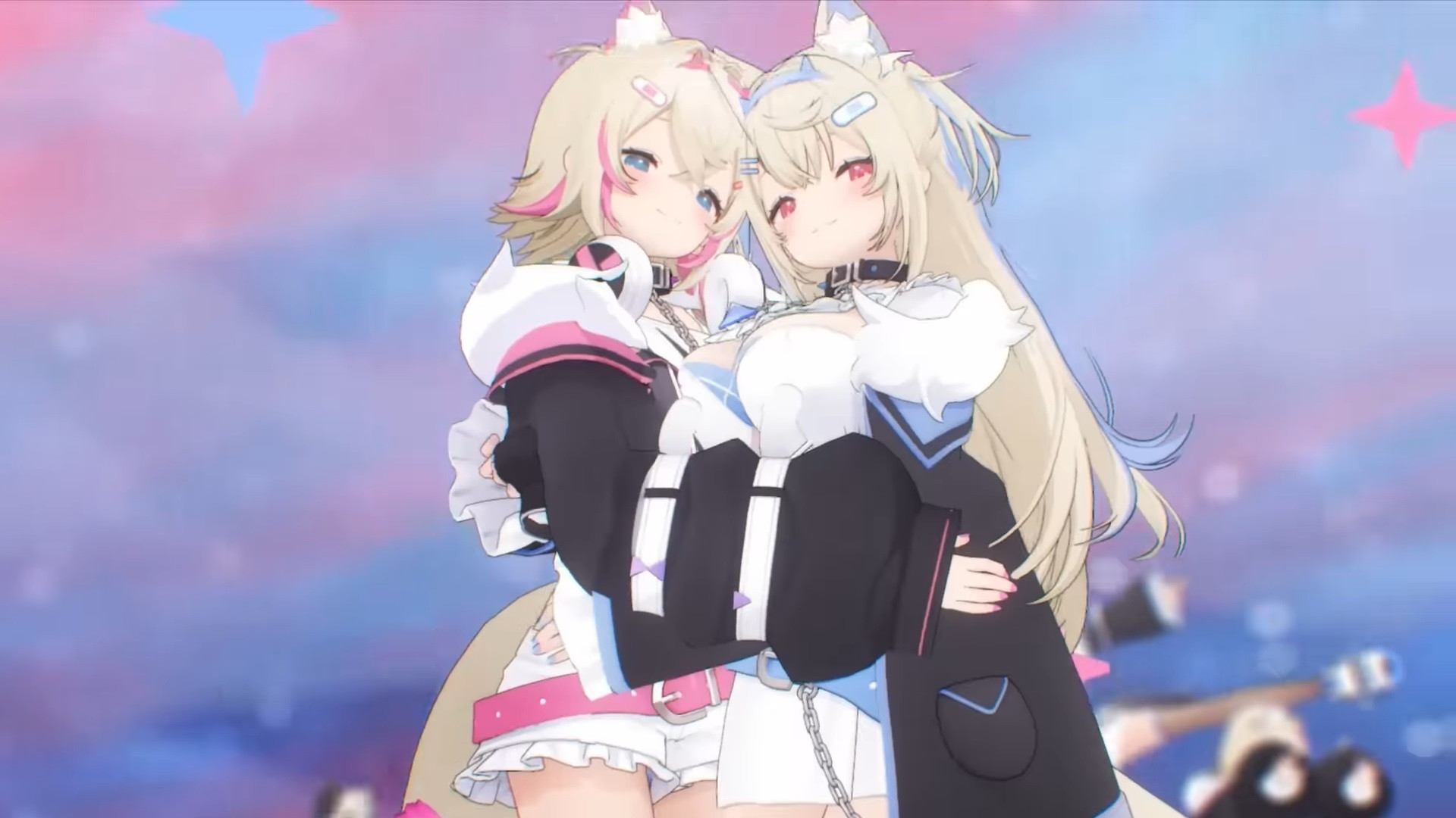 fuwawa and mococo hugging in their 3d models looking down at the viewer. they look smug xD