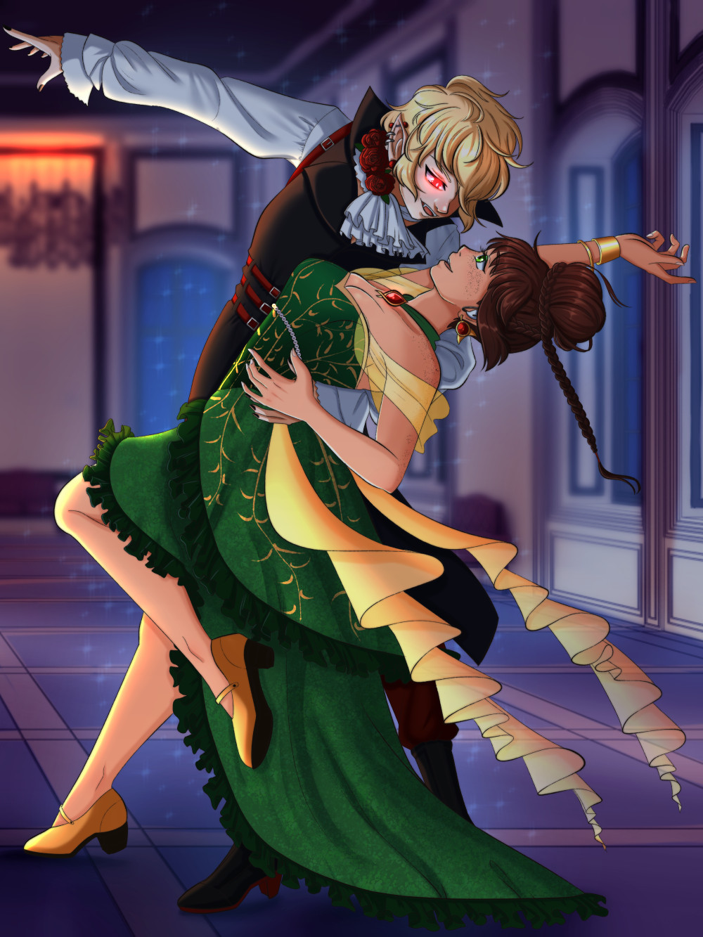 An illustration of couple dancing together in a large, ornate ballroom with moody lighting. The lead is a blonde woman with glowing red eyes wearing an elegant gothic aristocrat style tailsuit, complete with cravat. She's dipping a brunette with green eyes who is wearing a tight-bodiced green and yellow dress.