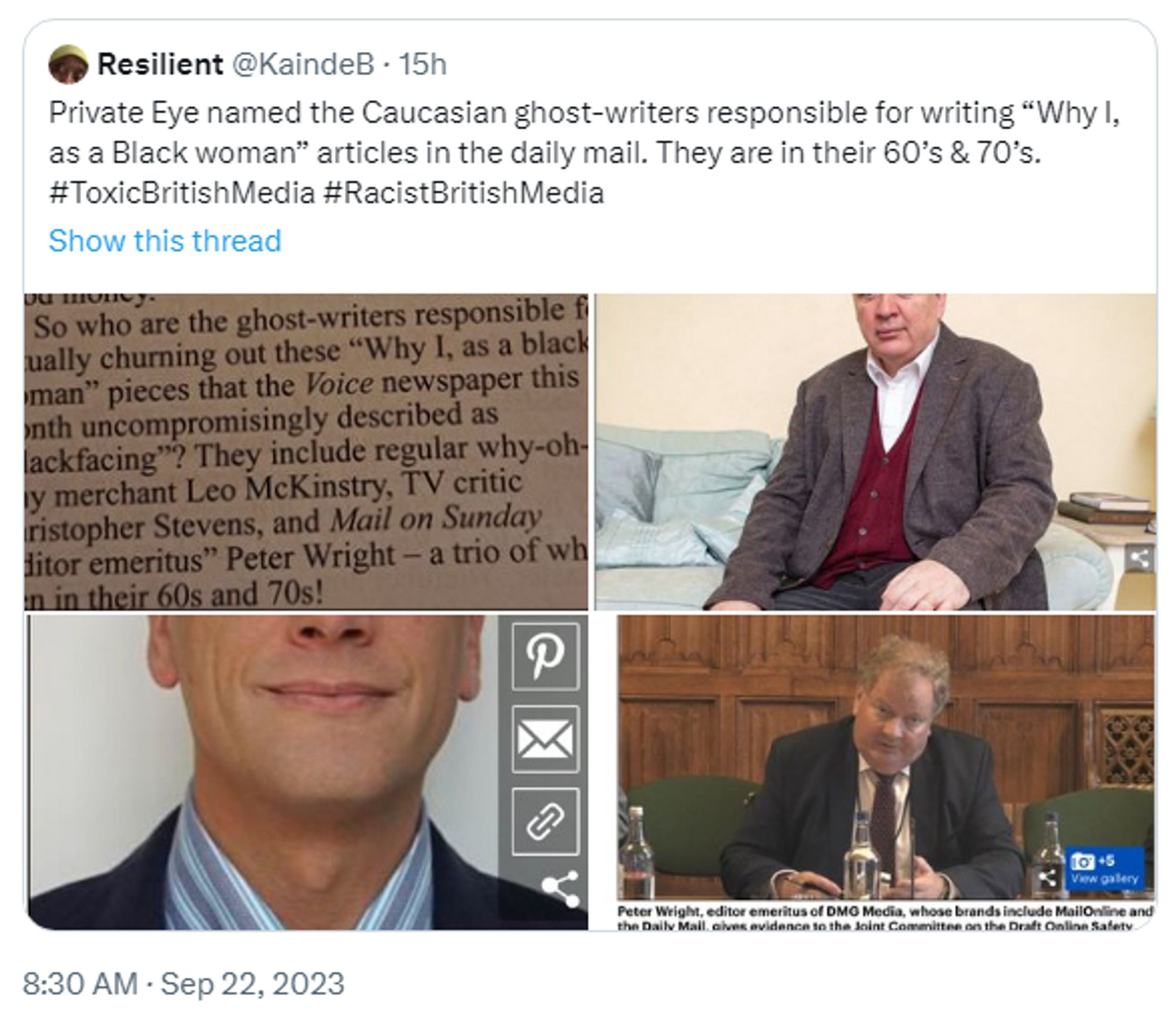 Image of a real tweet by Twitter user "Resilient @KaindeB". The tweet says: Private Eye named the Caucasian ghost-writers responsible for writing “Why I, as a Black woman” articles in the daily mail. They are in their 60’s & 70’s. 
#ToxicBritishMedia #RacistBritishMedia