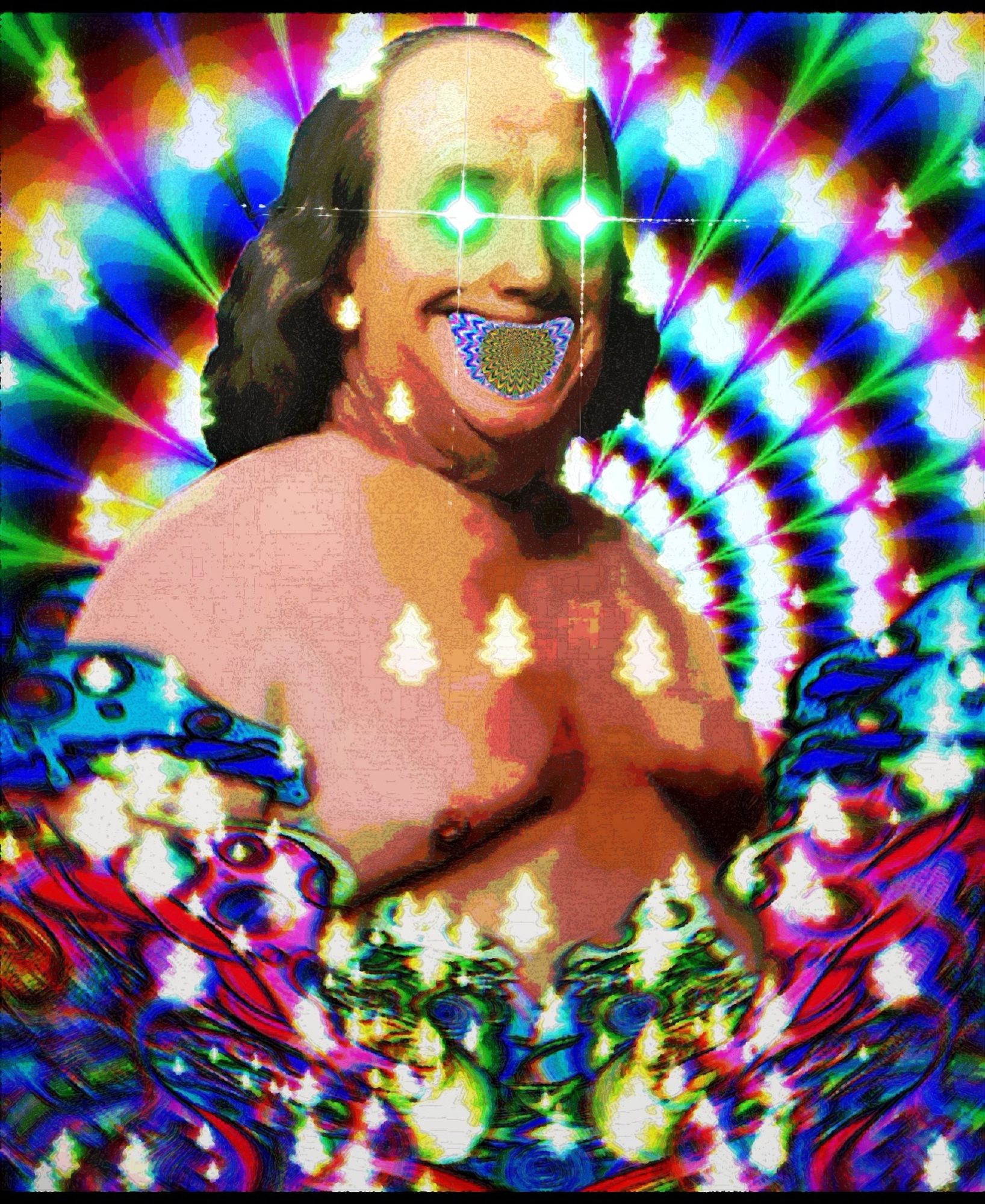 trippy image of naked ben Franklin surrounded by psychedelic art & patterns & trees of light. There is a vortex inside his mouth & light is burning out of his eye sockets.