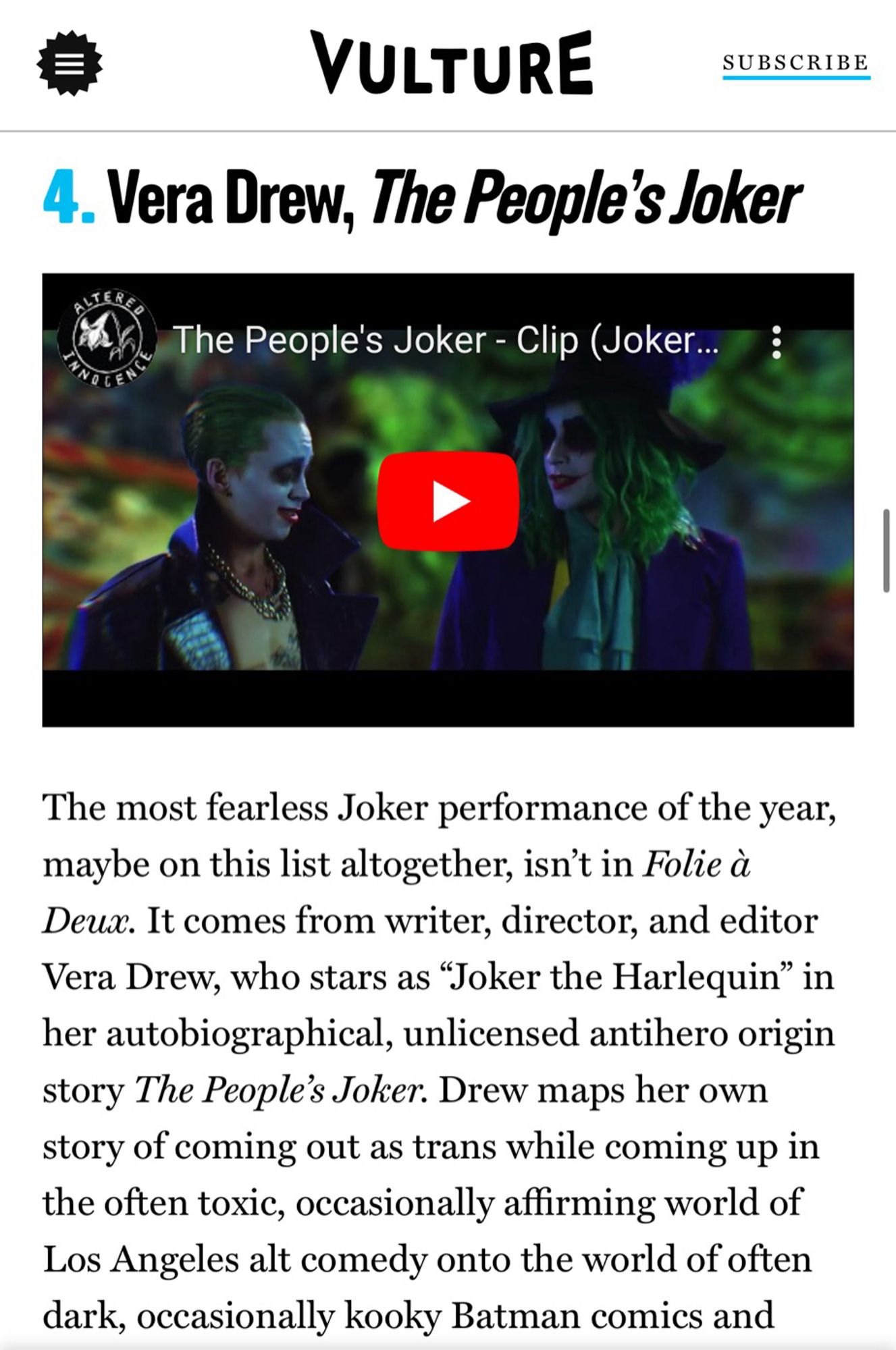 4. Vera Drew, The People's Joker

The most fearless Joker performance of the year, maybe on this list altogether, isn't in Folie à Deux. It comes from writer, director, and editor Vera Drew, who stars as "Joker the Harlequin" in her autobiographical, unlicensed antihero origin story The People's Joker. 

Drew maps her own story of coming out as trans while coming up in the often toxic, occasionally affirming world of Los Angeles alt comedy onto the world of often dark, occasionally kooky Batman comics and