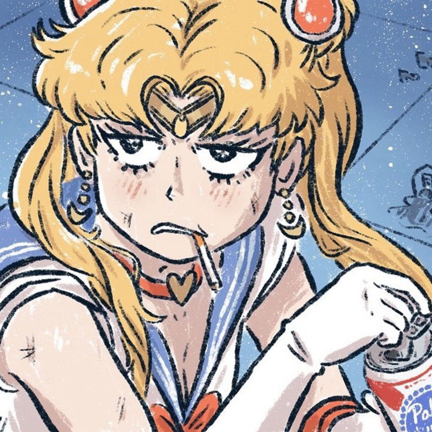 exhausted sailor moon smoking & drinking PBR