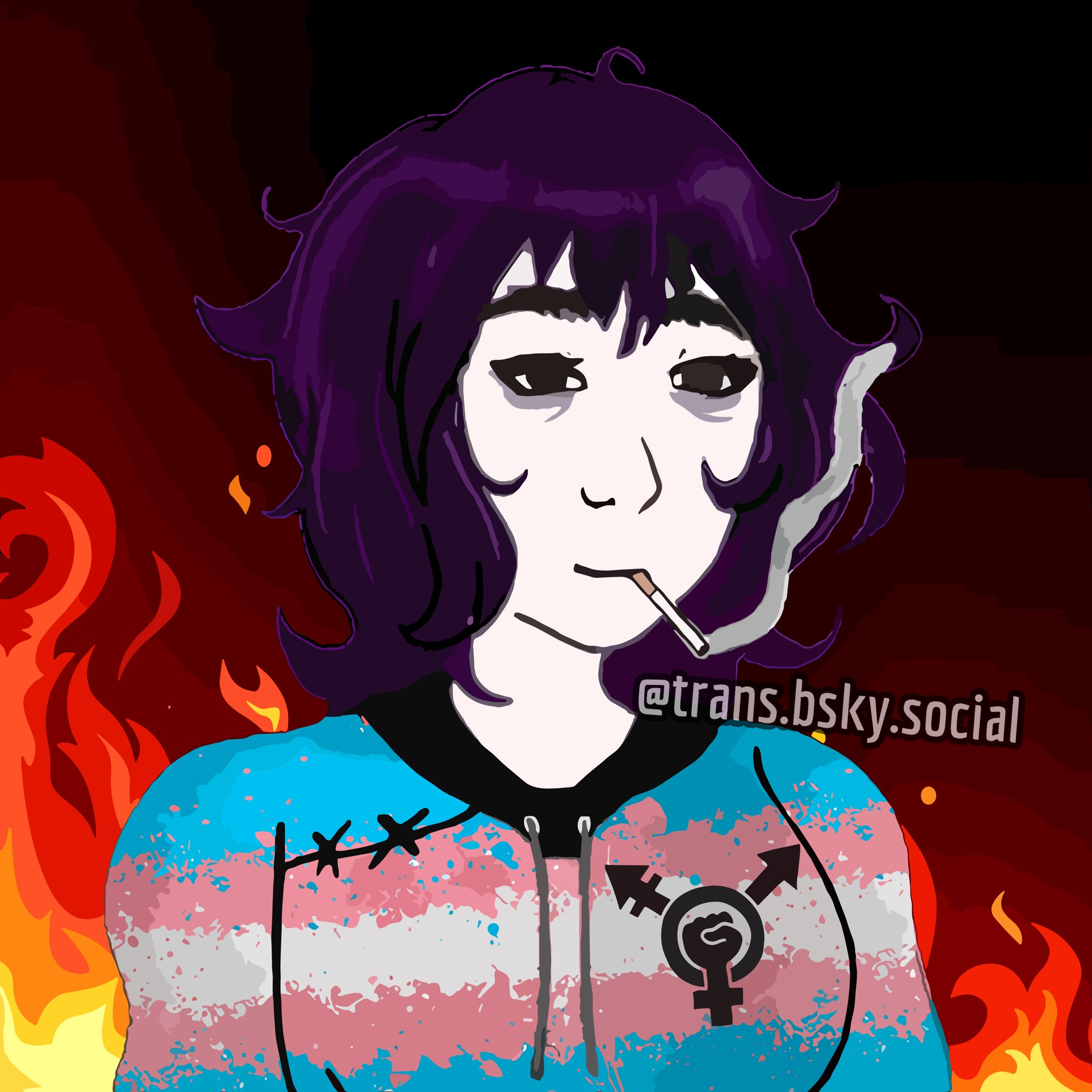 Trans doomer girl smoking a cigarette & smiling slightly while the world burns behind her.