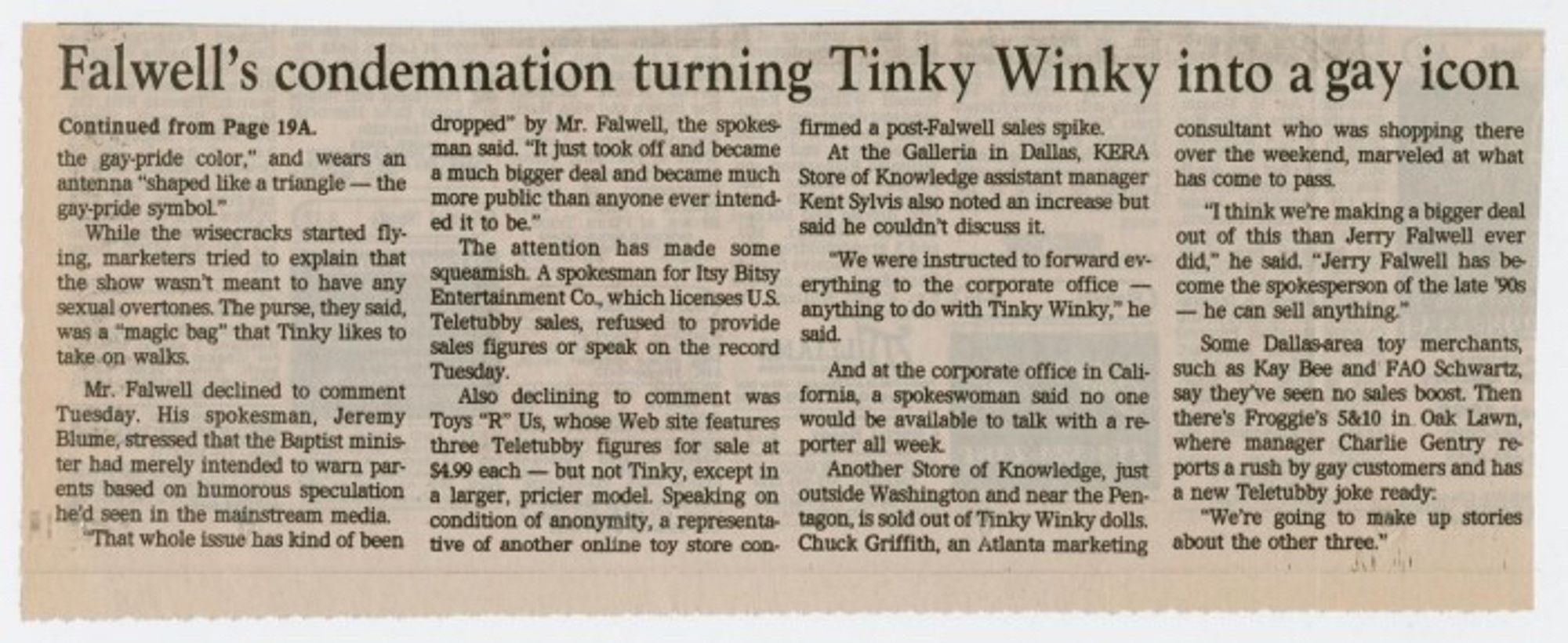 Newspaper clipping with headline “Falwell's condemnation turning Tinky Winky into a gay icon”