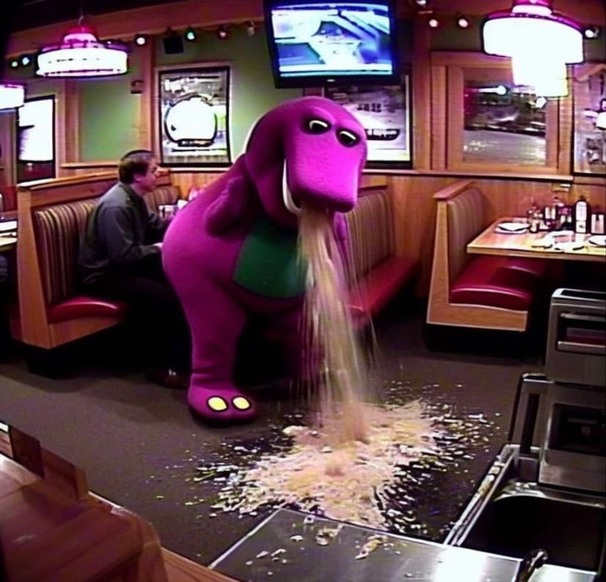 barney the dinosaur projectile vomiting at a shitty sports bar