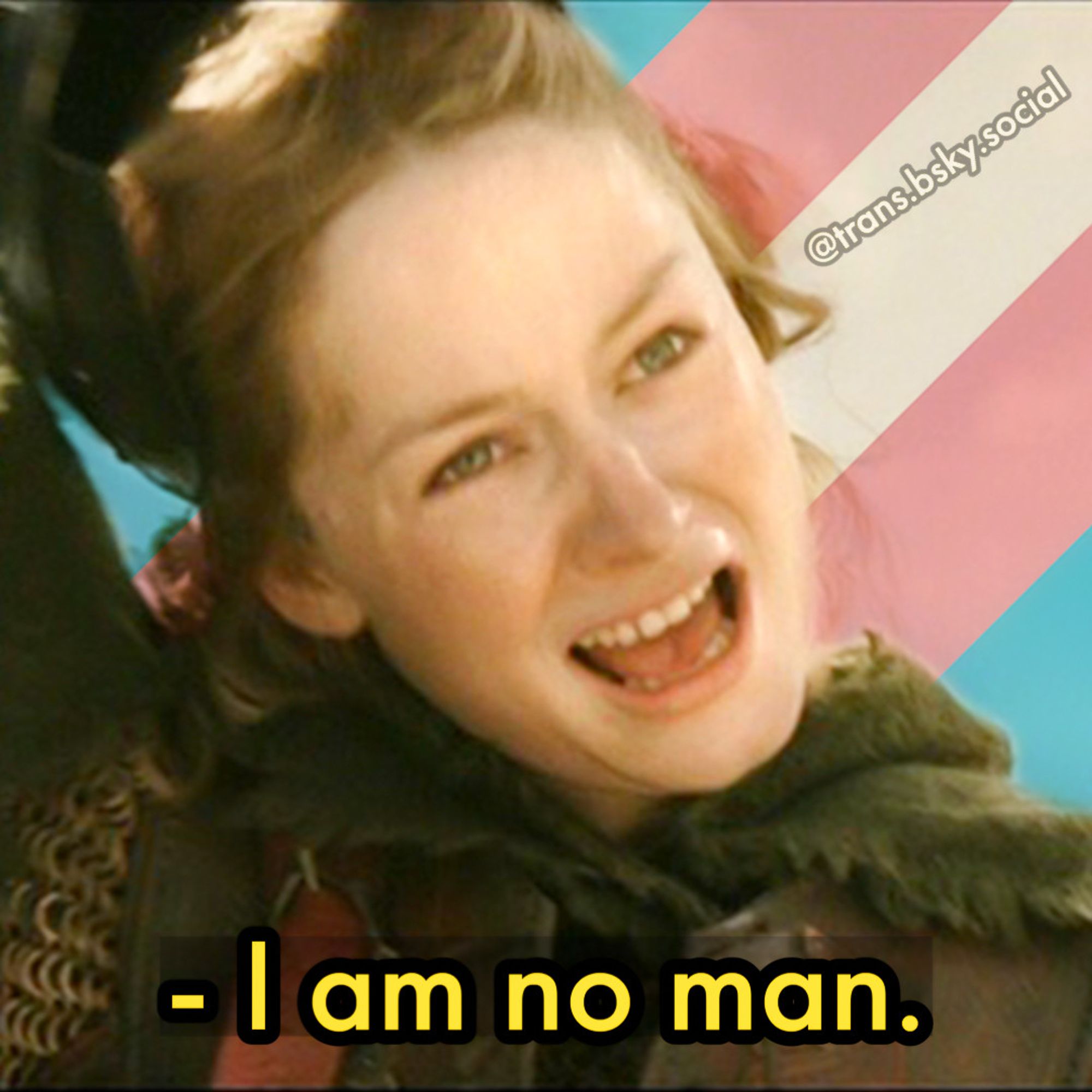 LOTR "I am no man." meme with transflag background