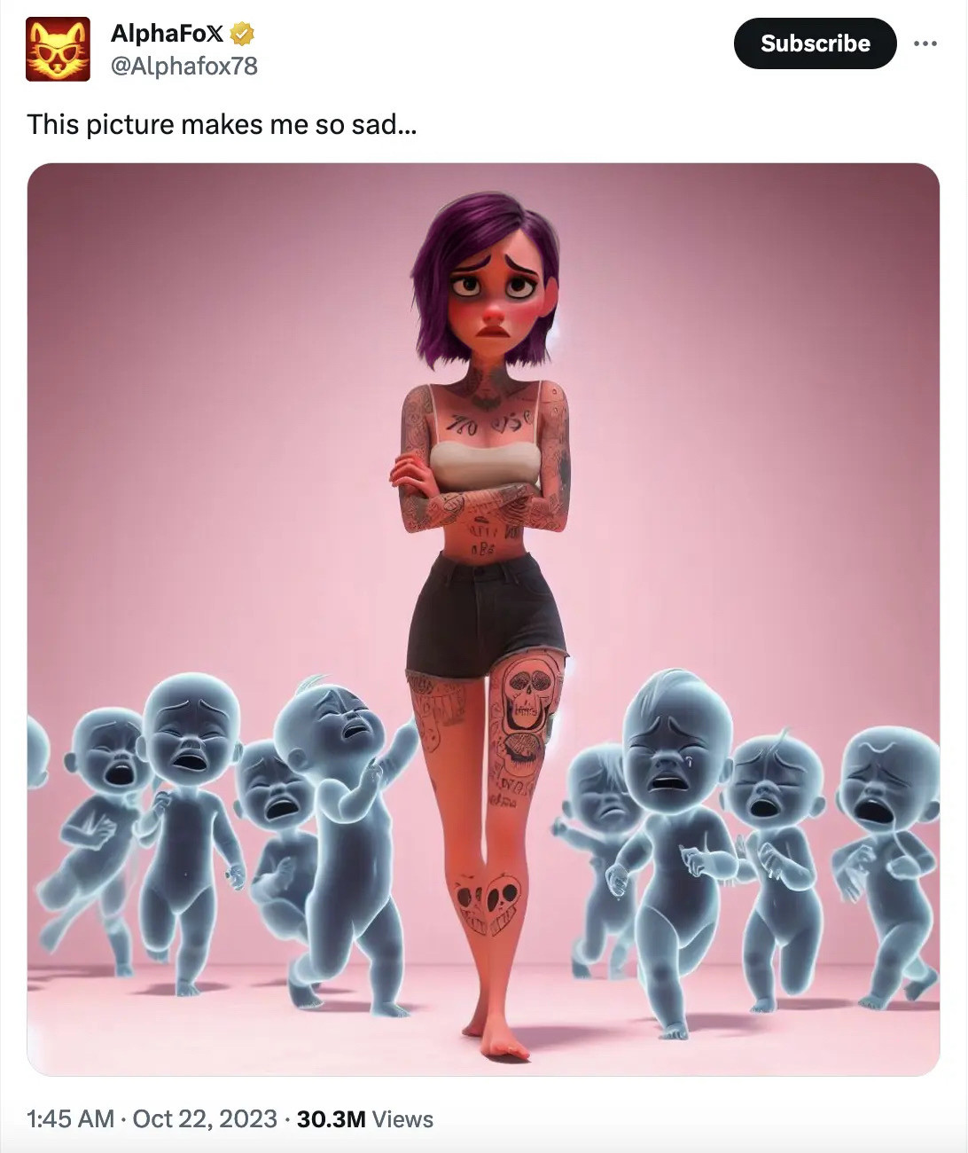 a picture of an alt girl who is very likely not cis walking down the street surrounded by the ghosts of screaming babies. the tweet caption says “this picture makes me so sad…”