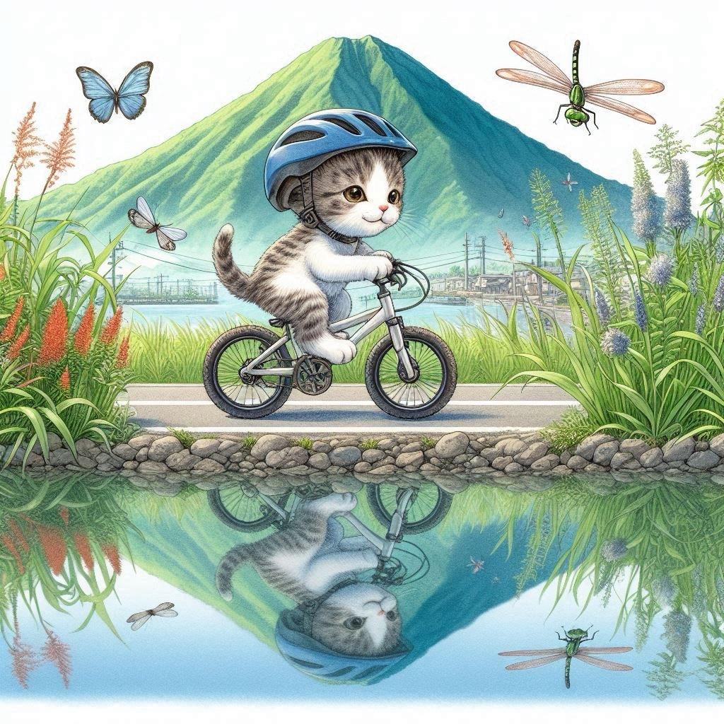 子猫は湖の側道をクロスバイクでサイクリング。山が湖面へ逆さに映っている。子猫はヘルメットを被り心地よく笑顔で走っている。