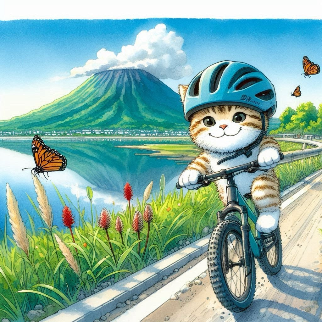 子猫は湖の側道をクロスバイクでサイクリング。山が湖面へ逆さに映っている。子猫はヘルメットを被り心地よく笑顔で緩やかな坂を下っている。