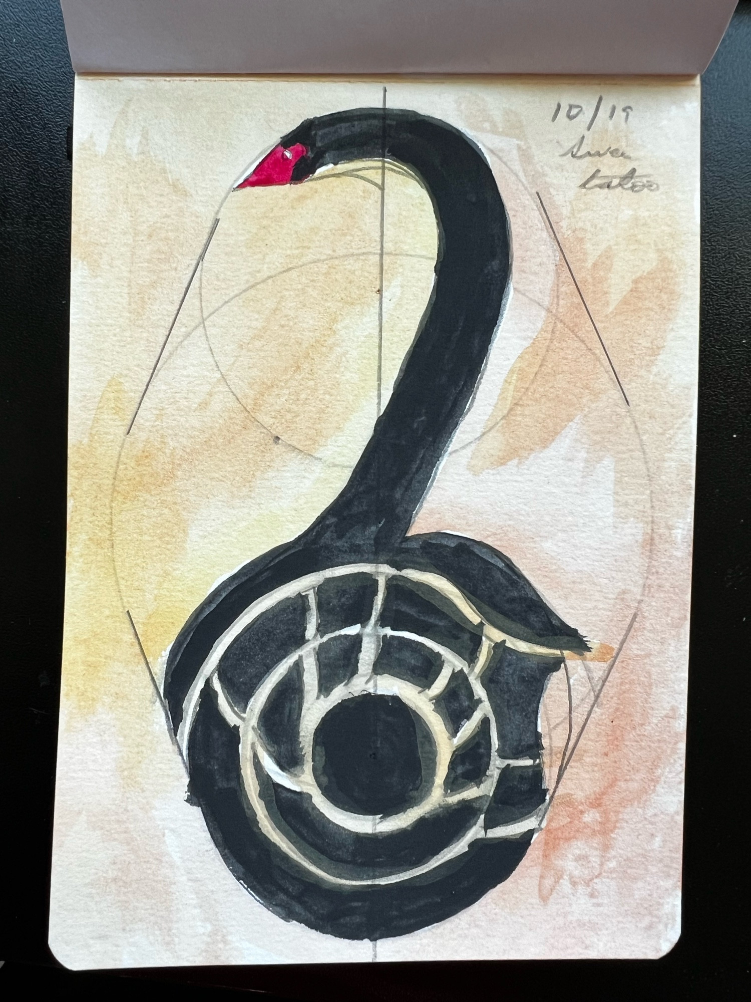 Tattoo design in watercolor gouache of a black swan